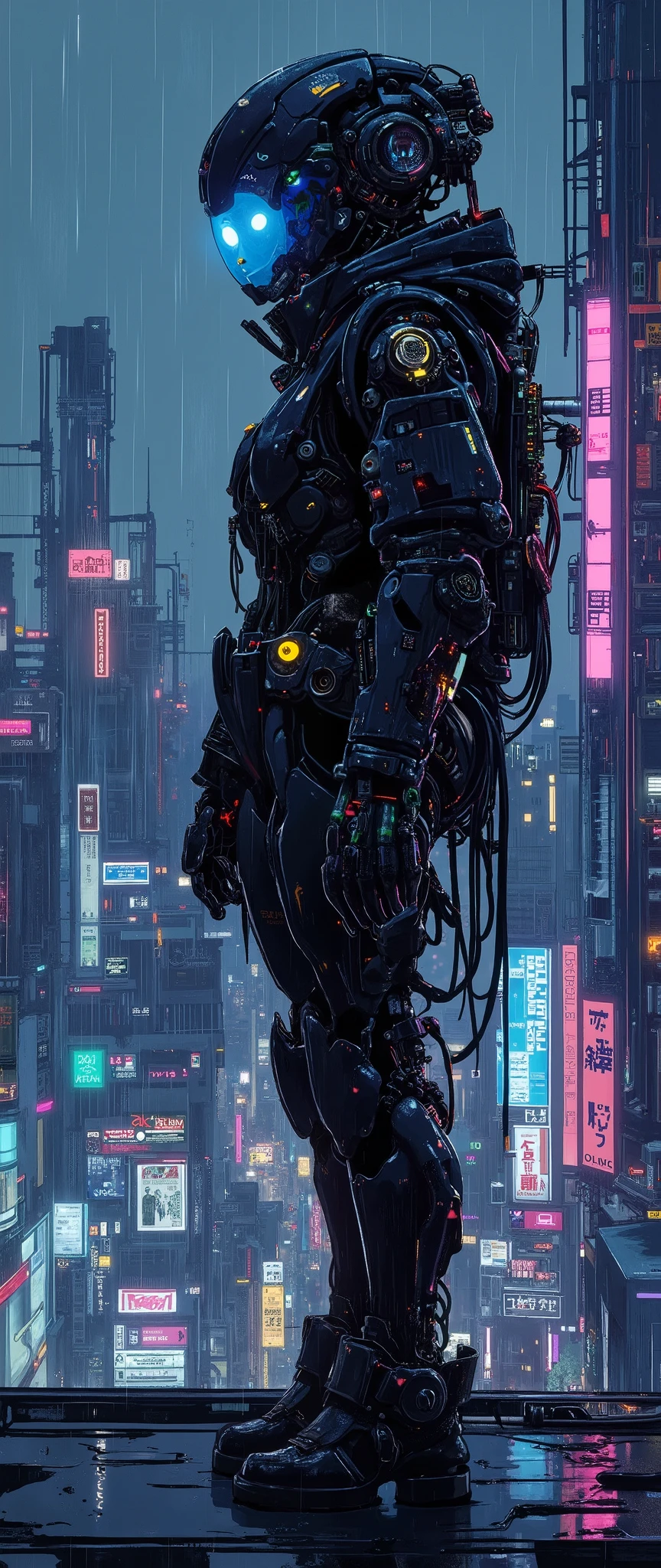 (in the style of Otomo Katsuhiro: 1.4), (masterpiece: 1.2), a digital illustration in the style of cknc, in which a single female operative stands on the edge of a towering skyscraper, her silhouette in stark contrast to the neon-drenched horizon line. Her jet-black bodysuit, decorated with countless micro-luminaries and augmented armor plates, fits her like a second skin, giving her an almost feline elegance. Her gaze, complemented by eyes glowing with a piercing blue hue, surveys the city below. Streams of holographic information float around her, projected from a sleek visor, illuminating her angular face with a cold artificial glow. The rain is pouring in thin streams, reflecting the neon colors around her, while the bustling city is bustling with life far below. (detailed body textures and holographic visual effects: 1.1), (intricate urban landscape and rain reflections: 1.1), (Exquisite atmospheric lighting: 1.1), (best quality: 1.1), (high resolution: 1.2 The art style is very detailed, in the spirit of futuristic anime, conveying the beauty of the environment. the cyborg girl and the mechanical complexity of her naked skull.
