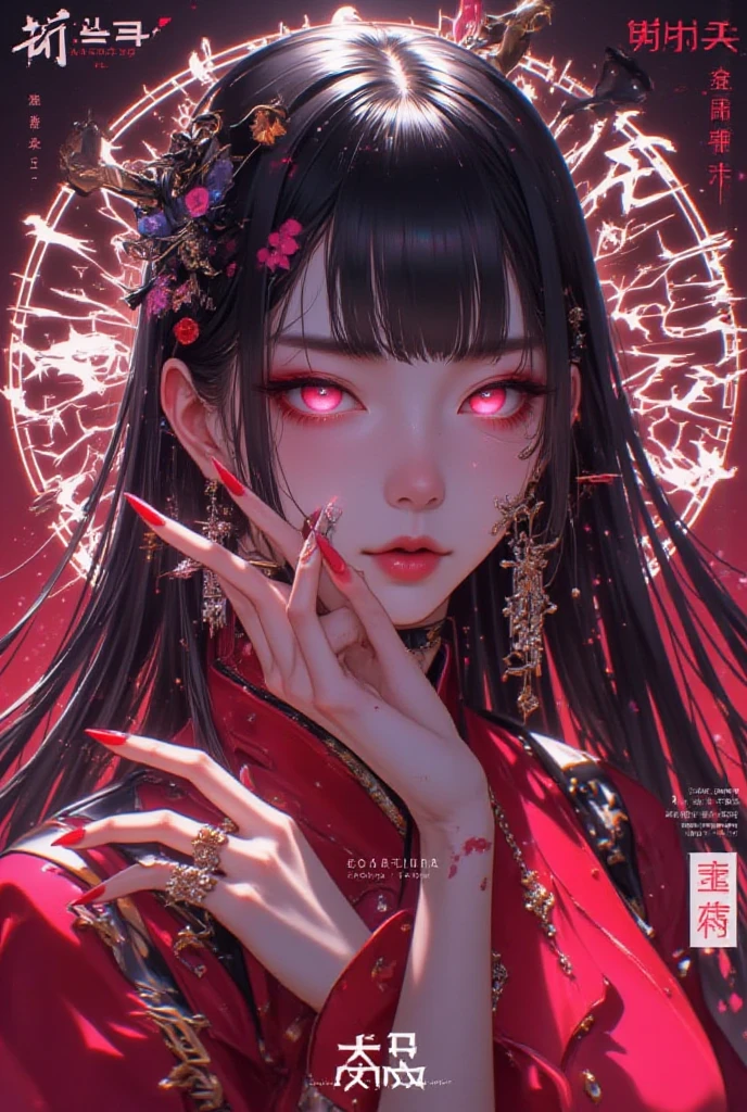 perfect anatomy, masterpiece:1.4, best quality, 8k, beautiful detailed grow, daydreaming expression:1.4, Precise and unmatched illustrations:1.3, break, (((Shoot flares from her hands))) from side:1.2 (solo straight black hair long hair femdom cute girl, 17 yo, detailed red eyes, sexy smile, bigboobs), in a red Witch Costume, enchanted hands, in the Magic Circle, background is Magic Circle.