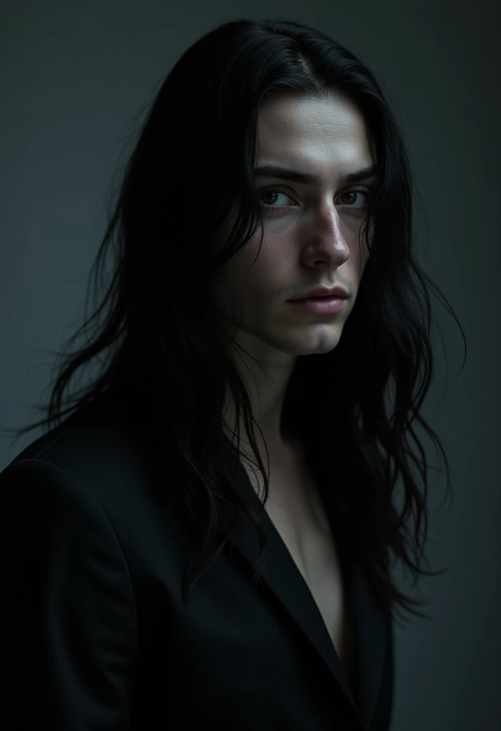 man, naked with long black hair and pale skin