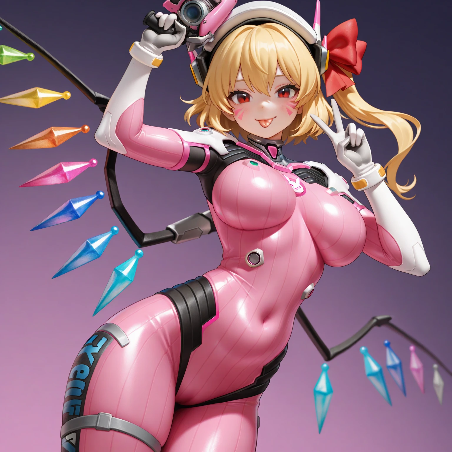 pink_mercy, 1girl, big butt, colored background, simple background, winking, happy, small breasts, gorgeous, blonde, twintails, armor, full body, laying down, armor, from the back, from above, thong