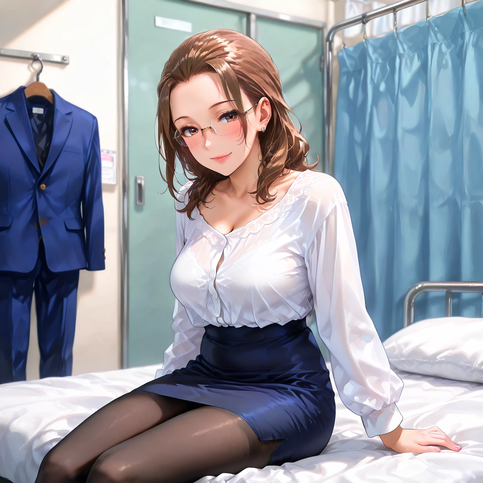 A sexy nurse in pink clothes, brown hair and green eyes,black bra bra,pink panties, tigh highs