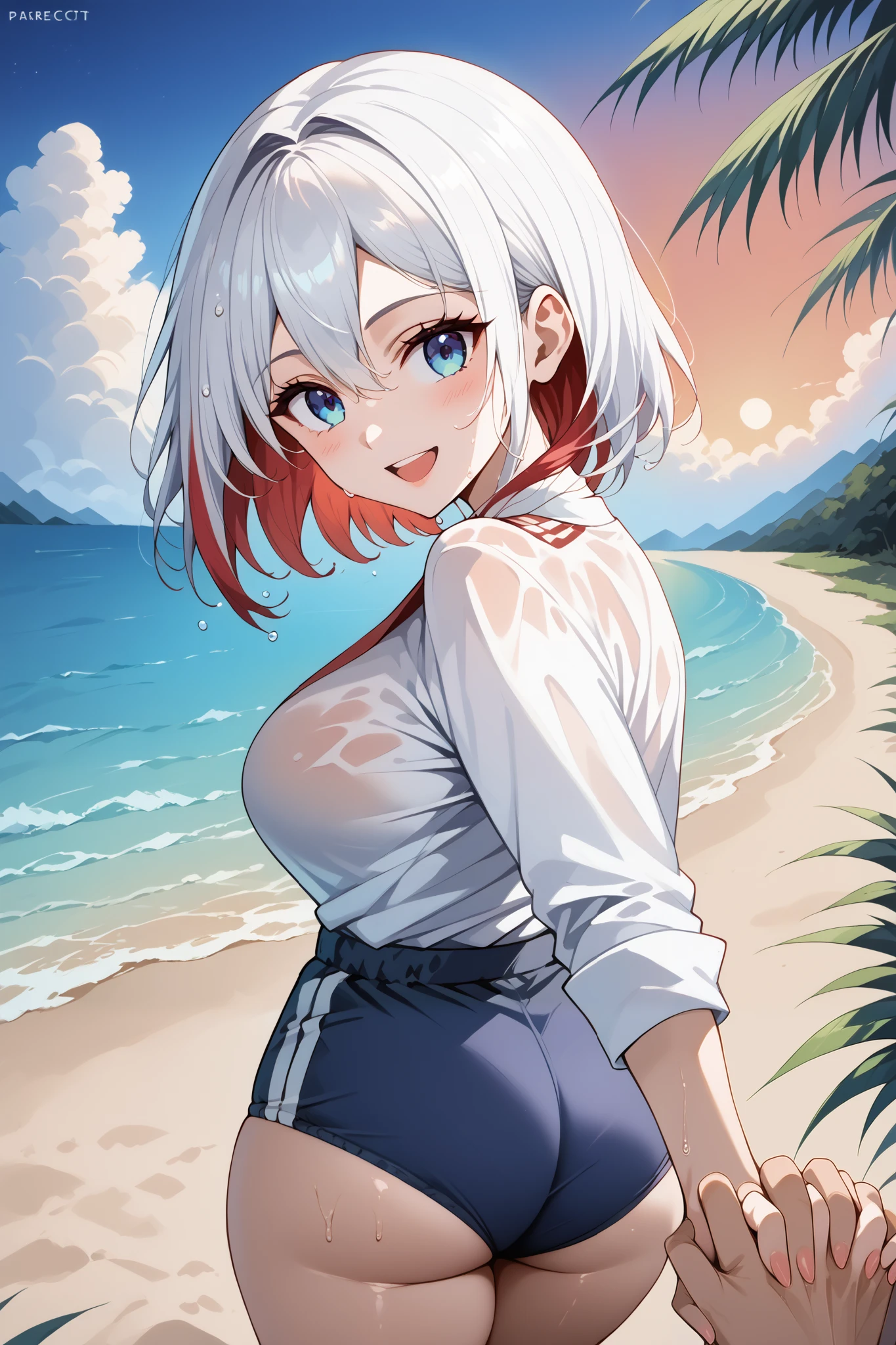 score_9, score_8_up, score_7_up, source_anime, 4K,perfect fingers,(perfect hands, perfect anatomy),prefect lighting, very aesthetic, intricate details,highly detailed background, masterpiece, high quality, best quality,
hsr topaz, big butt, blue eyes, hair between eyes, medium hair, white hair, multicolored hair, red streaked hair, red colored inner hair, double-parted bangs, large breasts,,
wearing ((white shirt , wet shirt, )),,
pulling pov, looking at viewer, smile, open mouth, outdoors, sky, solo focus, day, cloud, holding hands, pov, pov hands, from behind, beach, sunset,