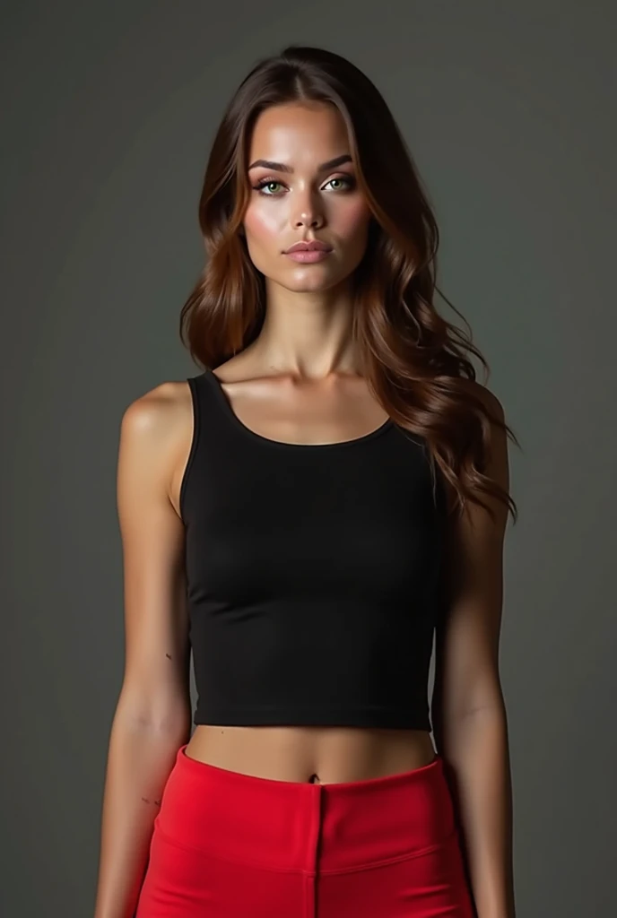 A very realistic and detailed photo of beautiful italian woman wearing black tight skirt and crop top, light makeup, realistic long straight brown hair, sleek ponytail, high quality photo 4k, very detailed, perfect fit, looking at the camera, detailed realistic face, detailed eyes, confident
