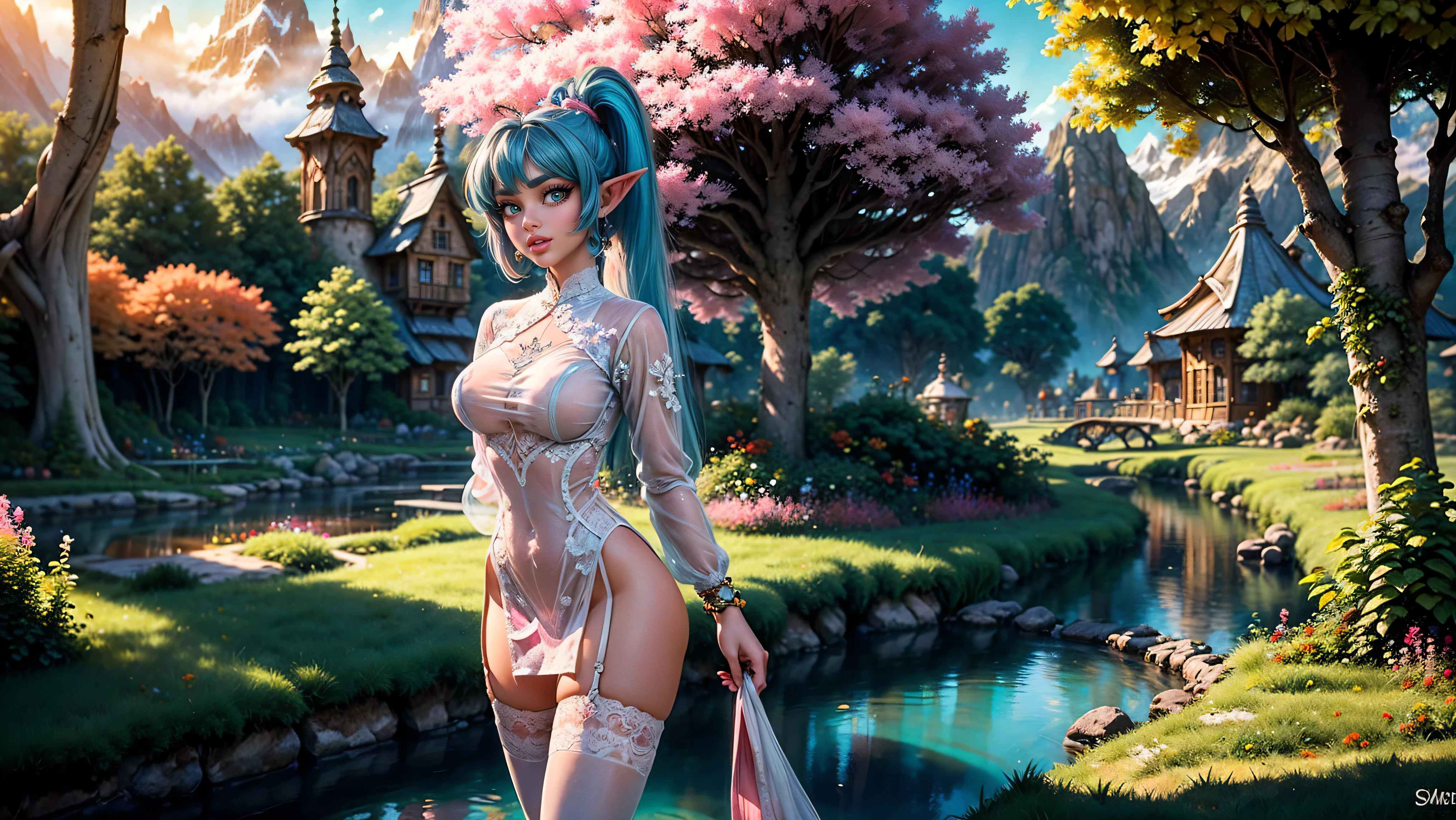 (quality)), ((masterpiece)), Recommended resultsluffly、(see through:1.5)、whole body 、Swollen nipples，straighten your back、huge bust、angle to floor:1.2、low camera angle、Hair loss on crotch、Whole body facing the camera，Hair can be seen on the crotch，Hatsune Miku, The most beautiful and sexy elf warrior princess, white hair, blue eyes, Wearing extremely detailed battle armor, Lots of tattoos and piercings, In the most beautiful Magic Kingdom, Flower pedals and butterflies flying in the wind, highly detailed back ground, 完美的masterpiece, 高quality, high resolution