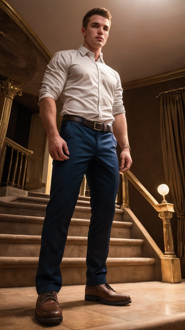 A manly Chris Evans, in his underwear, is seen sniffing his own dress shoes passionately. His piercing blue eyes and perfectly chiseled facial features add to his charm. The lighting highlights his rugged jawline and emphasizes the defined muscles on his bare chest. The color palette is warm and rich, with hues of deep red and golden undertones, creating a sense of luxury and sensuality. The shoes that Chris Evans holds exude a high-quality leather texture, with intricate details and perfect craftsmanship. The prompt demands the highest quality, resulting in a hyper-realistic.