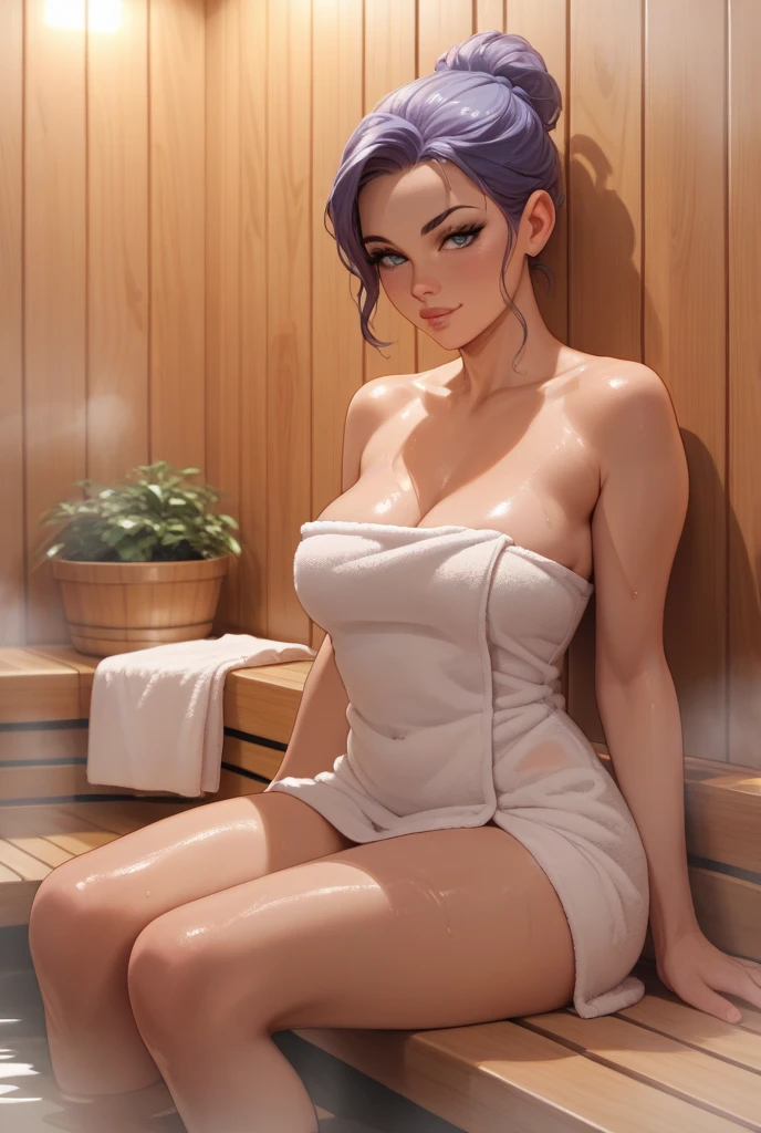 20 years old woman, Short brown hair, Mediterranean with blue eyes, Generous and heavy breasts, slender waist, estomac defini, fesses rebondies et pulpeuses, naturally curved, muscular thighs, aguicheuse, in a sauna, Blue eyes , sweaty, pierced nipples
