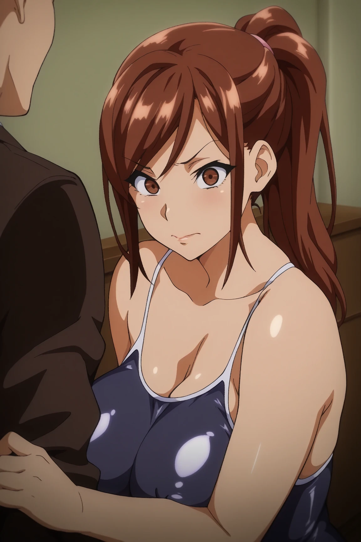 Cute ,busty mature women, chubby cheek,plump, chubby, fat,realistic skin,realistic breast, saggy breast, nipple out,muted colours, cold lighting, pale white skin, mature women,black hair, long hair, (hair over one eye:1.4), Messy hair,straight hair,hair between eyes ,sleepy eyes ,beautiful,pucker lips,smeared lipstick,charm,pubic hair pussy,dense pubic hair, cute shy blush on