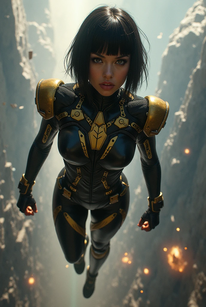 In this 8k CG masterpiece, a stunningly beautiful Asian girl stands proudly amidst the arid wasteland, her perfect face and body radiating in hyper-realistic detail. her alabaster skin is meticulously rendered, each pore and wrinkle visible yet smooth to the touch. Her long, wavy chestnut hair is tousled by the wind, framing her perfectly symmetrical, oblong face. Her piercing green eyes gazed intently, full of life and curiosity. She wears a sleek blue vaultsuit, the advanced technology integrating seamlessly with her body, and on her wrist, the iconic pipboy3000.