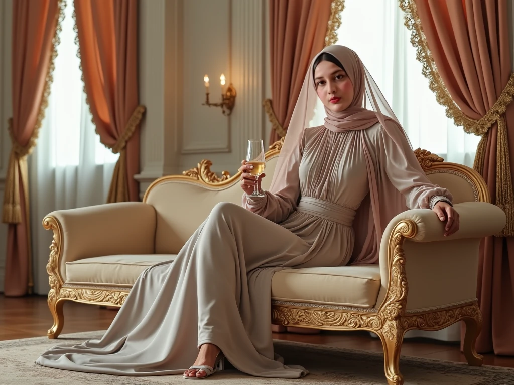 Woman wearing Islamic gown, legs protruding, high heeled shoes, sitting on chair with feet apart
