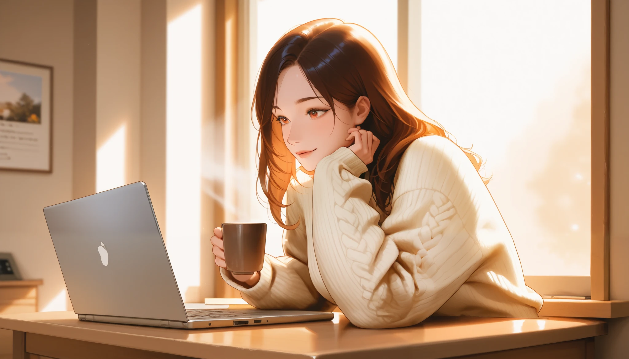 "A beautiful face and nice body, a woman sitting at a wooden desk, focused on her laptop." She is wearing a comfortable sweater, with a cup of coffee and a notebook beside her. Sunlight streams through a nearby window, casting a warm and productive atmosphere.
