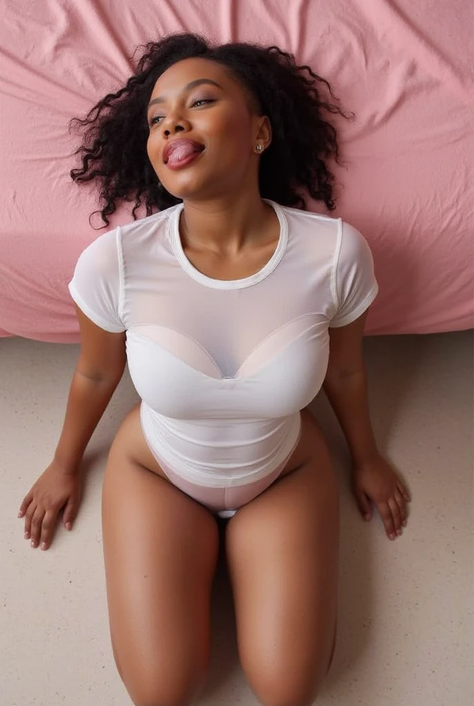 8k, best quality, masterpiece, highly detailed, semi realistic, African woman (huge breast, thick thights), curly hair, in sheer lace white tight dress, visible nipples, visible areola, living room background, spreading her legs