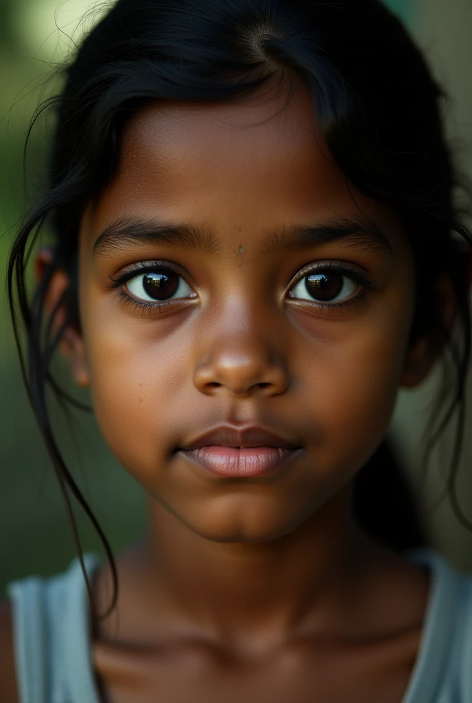 "Help young lives affected by the floods in Bangladesh. Your support can bring hope and relief to children like her. Donate now to make a difference." (Concrete dark room)、　((Face close-up))　