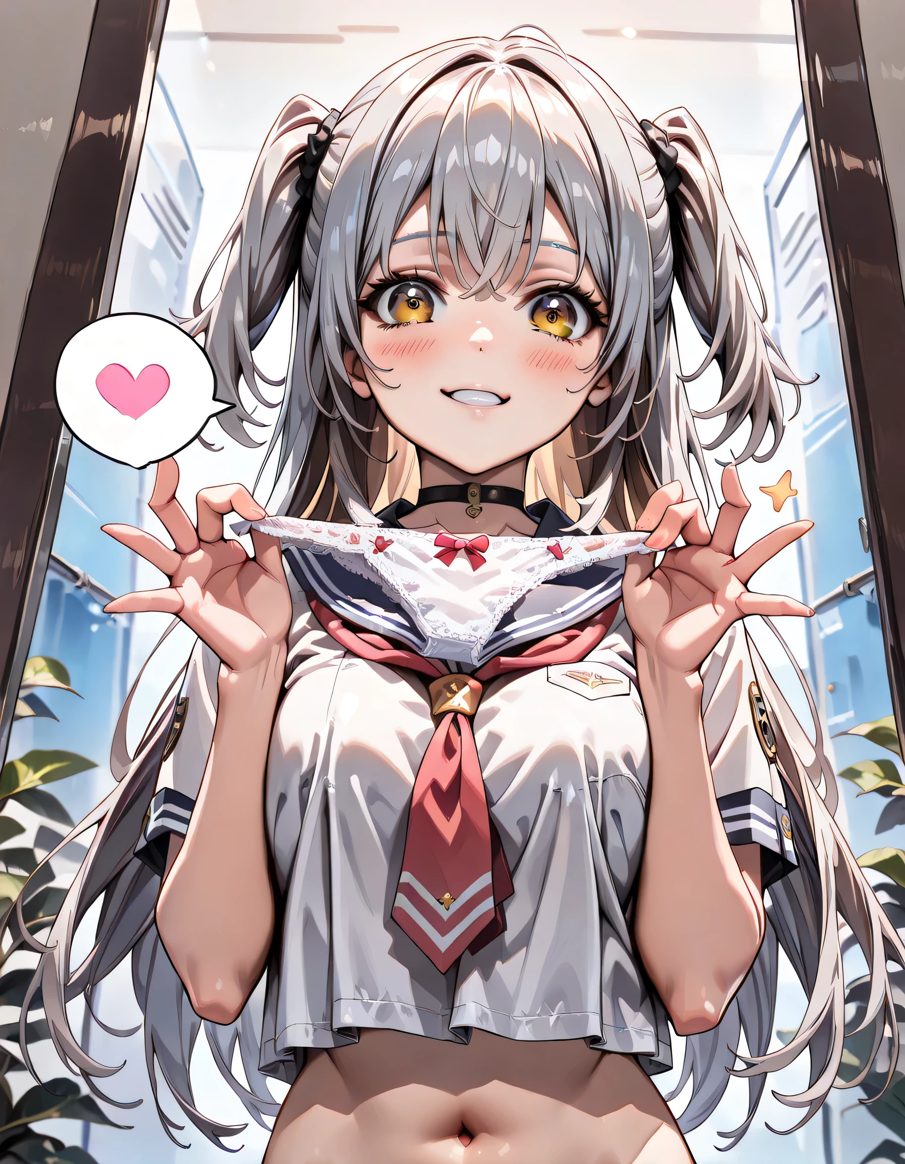 ((ultra-detailed)), (highly detailed CG illustration), (best quality:1.2), ultra-highly detailed, colorful composition, artistic photoshoot, 1girl, solo focus, ((upper body:1.4)), moe anime character, girl, dainty facial structure, (bab(round face), ((rounded chin:1.2)), celia-default, celia claire, (blue eyes), ((silver hair color)), ((two side up hair)), ample breasts, school uniform, sailor suit, traditional Japanese style with navy blue and white colors, :q, licking lips, one eye closed, ((grin:1.3)), ((blush:1.4)), ((looking viewer)), ((holding a white panties:1.4)), ((spoken Heart:1.4)), ((pink heart background)), from front, best quality, masterpiece, expecting, pink cheek, blush, light pink gloss slip, portrait, depth of field, soft lighting, sidelighting, (shine), lighting, caustics, ray tracing, smile, perfect face, lustrous skin, highly detailed face, highly detailed eyes, perfect face, perfect nose, perfect hair, perfect eyes, perfect anatomy, beautiful hair, beautiful small face, extremely detailed face, beautiful detailed eyes, beautiful clavicle, beautiful body, beautiful ample breasts, leavage, breasts squeezed together, equalize the size of the left and right breasts, beautiful thin thighs, beautiful legs, beautiful fingers, 4 fingers, 1 thumb, lovely, (very detailed background:1.0), (highly detailed background:1.0), spring aesthetic, intricate details, joyful atmosphere, spring colors palette, chromatic aberration
