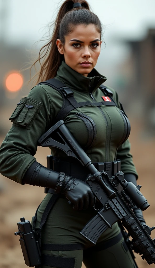 8k、Ultra-high resolution、Highest quality、masterpiece、Realistic、Ultra-high resolution、High-definition RAW color photos、Professional photos、real、photo realistic、(Always big breasts、Definitely a pretty big bust、cleavage)、Vivid lighting、Natural skin texture、Fine skin、Hyperrealism、Intricate details、Depth of written boundary、Adult women、masterpiece、Highest quality、High Detail、Eye highlights、Lip gloss、((Serious expression、((Short Hair))、Marathon runner、Lonely city center,ruins,battlefield:1.5))、((Combat Boots、beret,Black Leather Gloves,(Camouflage Cargo Pants,Camouflage pattern jacket,Hold a pistol):1.6))