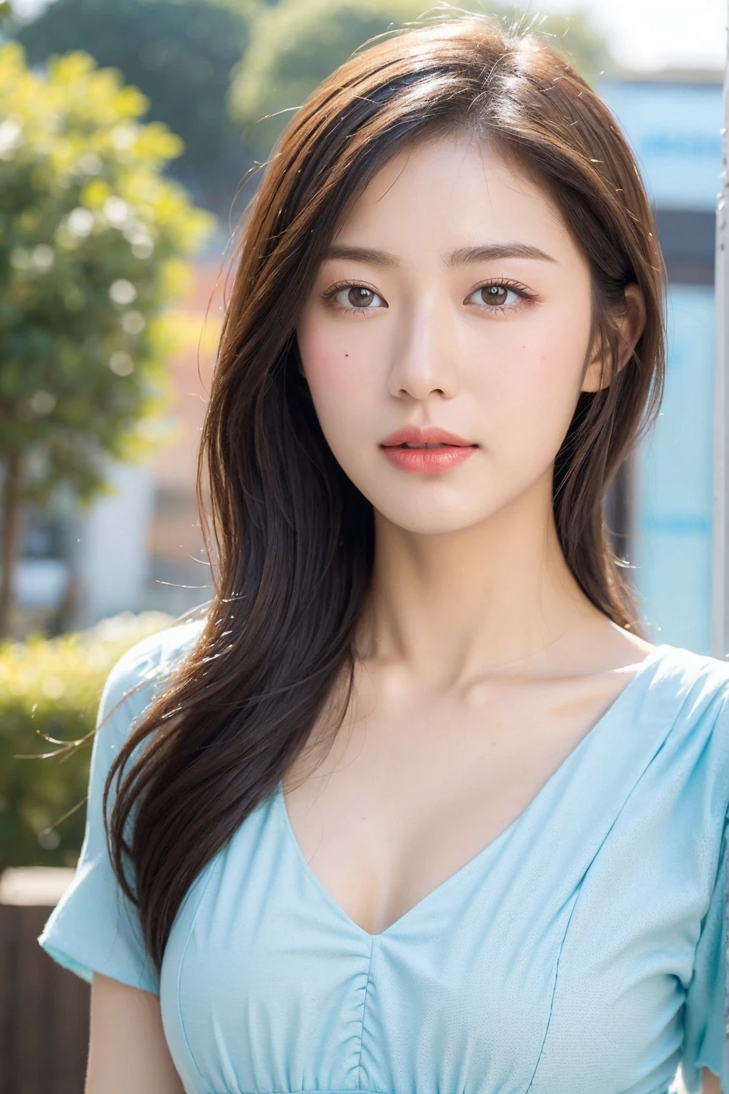 ulzzang -6500-v1.1, (Raw photo:1.2), (Photorealsitic), huge filesize, hight resolution, ighly detailed, top-quality, [​masterpiece:1.6], illustratio, ighly detailed, nffsw, finely detail, top-quality, 8k wallpaper, Woman walking by the pool、(1 girl in),17 age、cowboy  shot、People with Japan、perfect body type, ((Big breasts with tension、Disproportionately huge、heavy breasts))、Lori face、closes mouth、shyly smile、(A shirt that shows cleavage:1.3)、swimming pools、dynamicposes(Photoreal: 1.4), (Hyper-realistic: 1.4), (Realistic: 1.3), (Smooth lighting: 1.05), (Improved cinematic lighting: 0.9), Realistic lighting, Backlight, Face Light, raytrace, (Whitening light: 1.2), (Image enhancement: 1.4), ( Top quality real skins: 1.4), Narrow eyes, Fine face, Narrow eyes, (Body Line Mood Increase: 1.1),  (Skin Texture Enhancement Beauty: 1.1),