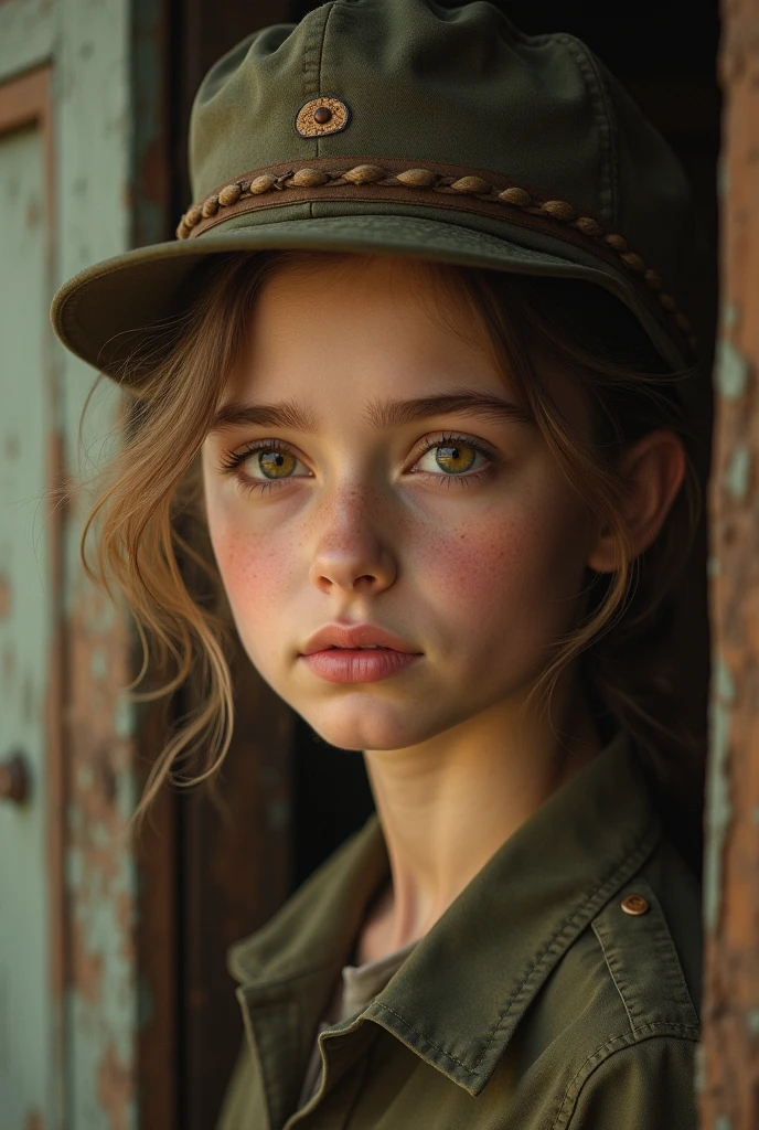 1girl, old war photograph,((eye contact)),,