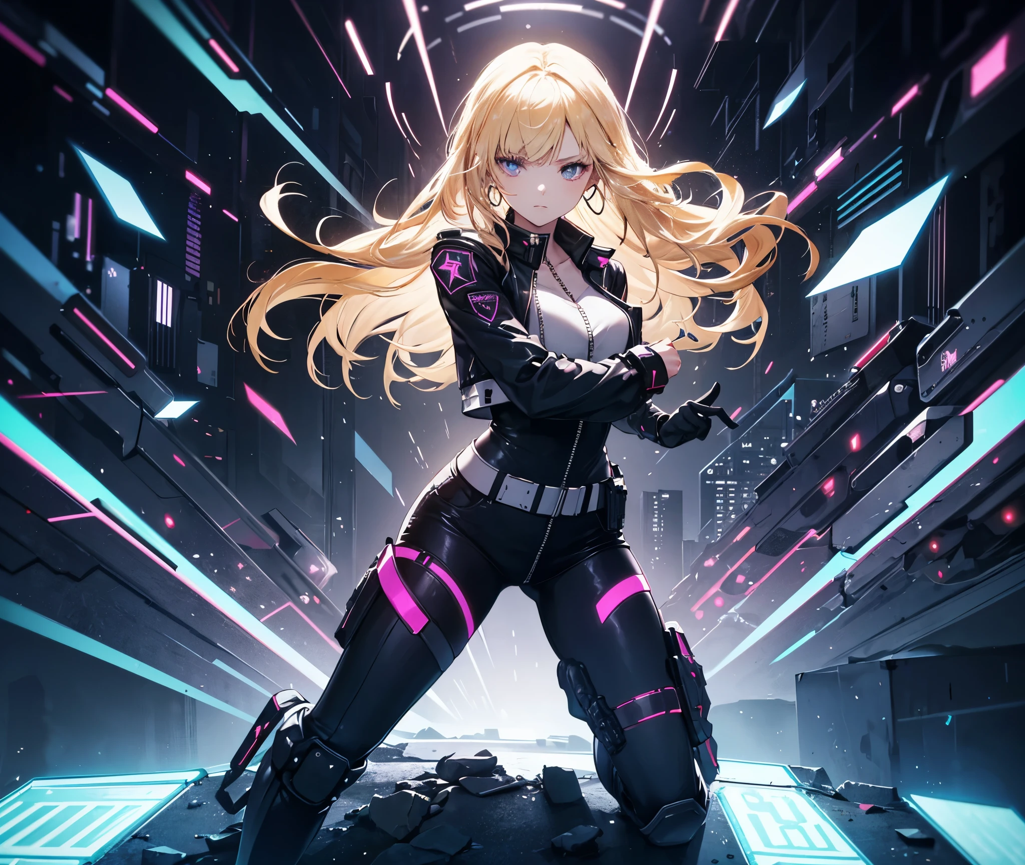 "A cyberpunk-style female character stands in a combat stance with a handgun at the ready in a futuristic but ruined city. She has long blonde hair with short cropped bangs and wears black hoop earrings in both ears. Her full-body black blouson reflects the cyber aesthetic. Her hair moves slightly with subtle movements and her body shows a realistic breathing effect with smooth chest movement and slight shoulder movement. She maintains a cool and calm expression while the reflections of the shiny jacket and neon lights change dynamically with her movements. The animation should have an anime-like aesthetic with smooth and natural movements."