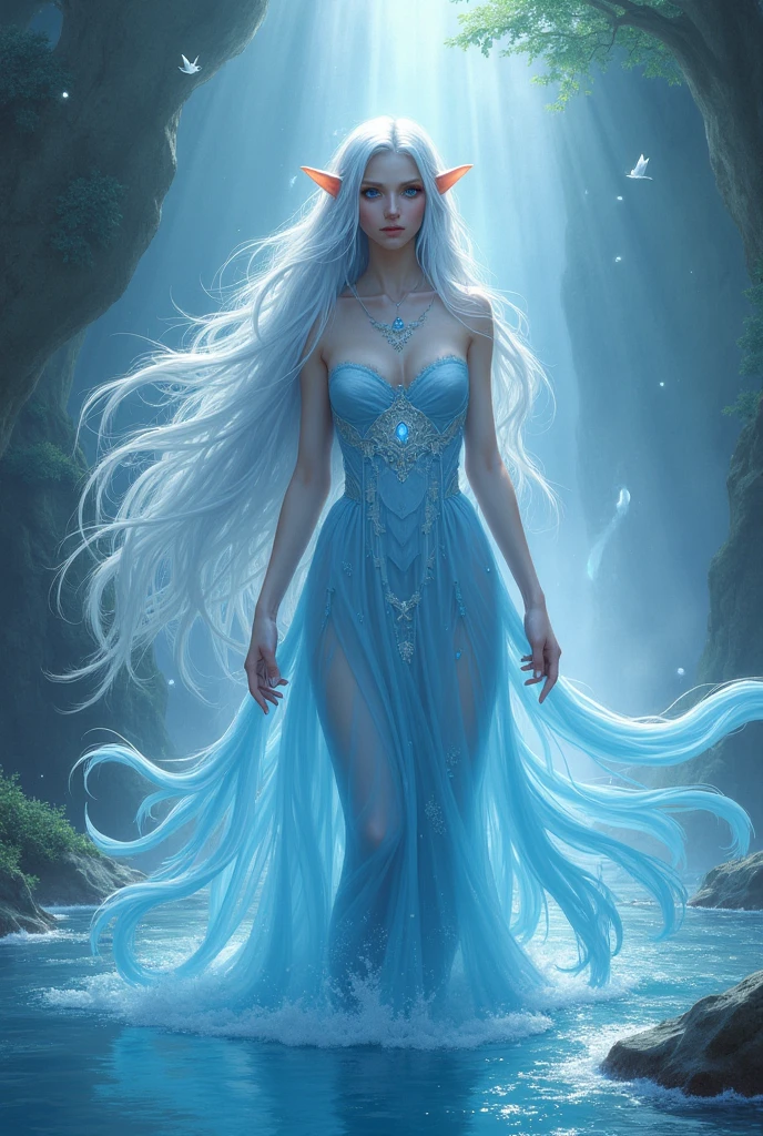 a translucent woman with white hair in a blue dress standing in the water, portrait of mermaid Spirit, mystical atlantean ghost in the ocean, artgerm julie bell beeple, detailed fantasy art, 4k fantasy art, peter mohrbacher and artgerm, closeup fantasy with water magic, epic fantasy digital art style