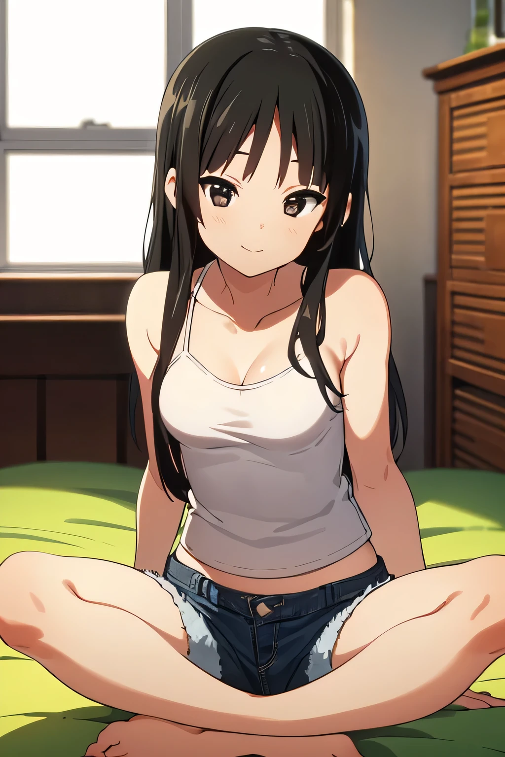 1 girl in her bedroom sitting on the bed wearing a light blue spaghetti strap tank top and blue jean shorts, smile, closed mouth, black hair, brown eyes, portrait shot, sitting indian style