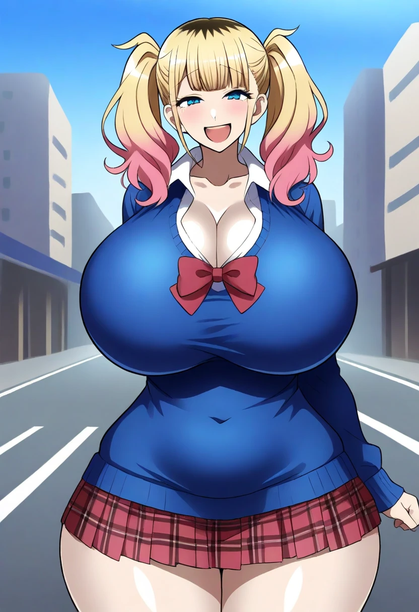 (masterpiece:1.2, highest quality), (Realistic, photoRealistic:1.4), Beautiful illustrations, Browsing Caution,
Looking at the audience, Cowboy Shot, Front view:0.6,
1 girl, Japanese, high school girl, blonde, (Long Hair:1.8), (Drill Hair:1.7), bangs, Hair between the eyes, blue eyes, Big Breasts:0.8, (Thick thighs),
Beautiful Hair, Beautiful Face, Narrow and beautiful eyes, Beautiful clavicle, Beautiful body, Beautiful breasts, Beautiful thighs, Beautiful legs, Beautiful fingers,
(Beautiful views), dawn, Street lamp post, sidewalk,
((Navy Blazer, Pleated mini skirt, socks, Red private school uniform:1.2, Checkered pleated skirt, Red plaid bow tie)), Pink Panties,
(Wavy), ((Seductive posture: 1.2, charm: 1.2)), (Idle state),
(erotic, sexy, Superior, smile), Shiny skin,
Perfect Face, Symmetrical cute face, Natural Side Lighting, Cinema Lighting), Camel Toe、Giant tit、Nipple Puffs、Cleavage、Plump、Super big breasts、Super big butt、Walking around with skirts turned up,