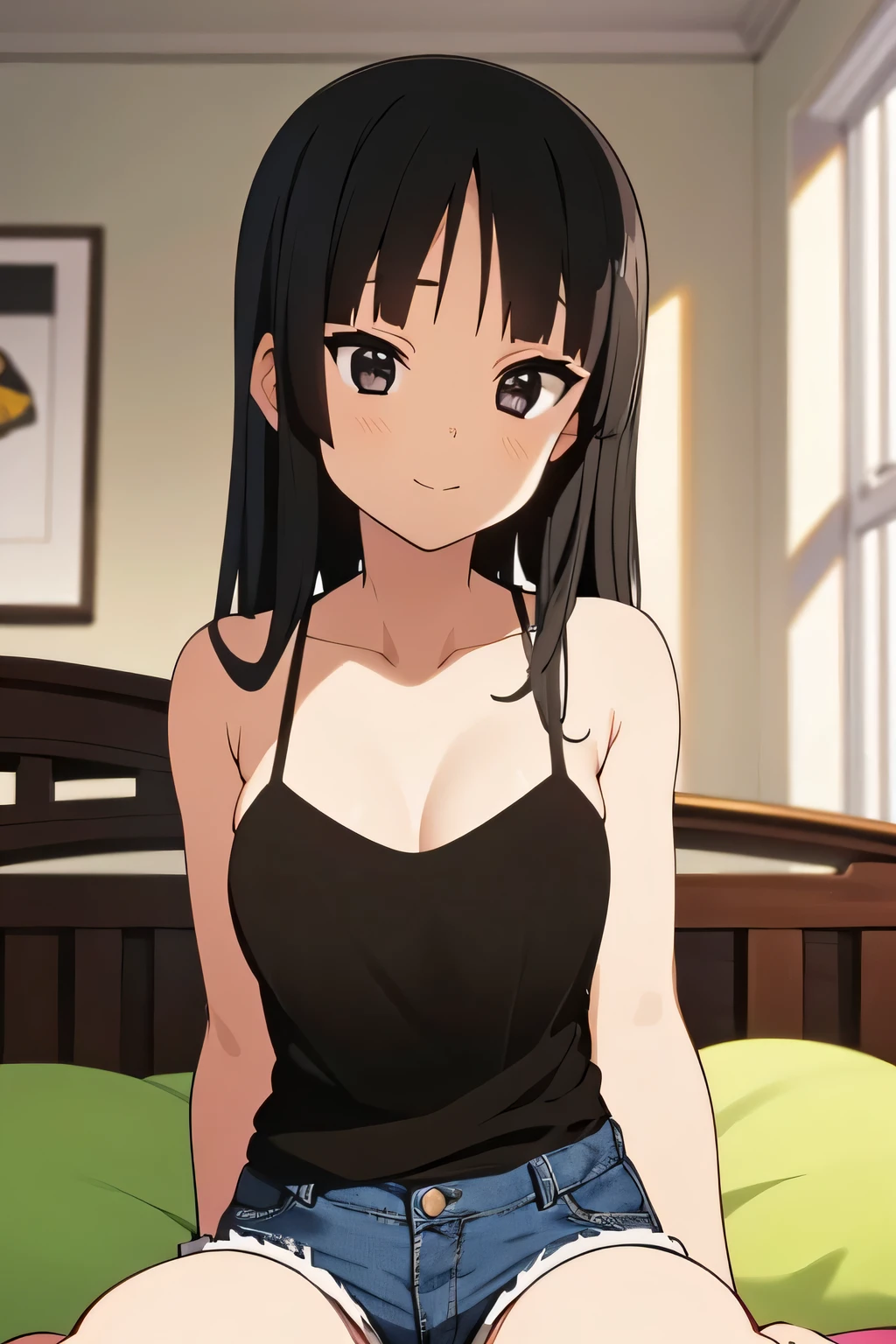 1 girl in her bedroom sitting on the bed wearing a light blue spaghetti strap tank top and blue jean shorts, smile, closed mouth, black hair, brown eyes, portrait shot, sitting indian style