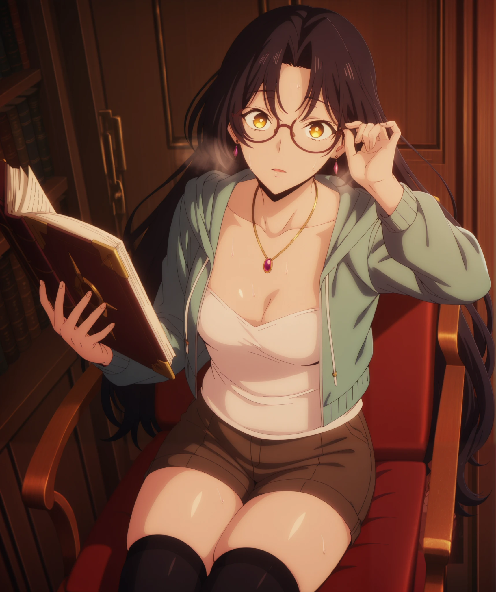 anime coloring, anime screencap, anime-style detailed background, vignetting, masterpiece, high quality, absurdres, best quality, very aesthetic, newest, dynamic composition, anatomical correct, HD, 4K, digital art, trending on ArtStation, perfect body, perfect eyes, perfect fingers, gasping, heavy breathing, excessive sweating, sweating, sweating profusely, gasping profusely, cinematic, ((skindentation)), ((curvy)), dominique de sade, long hair, black hair, curtained hair, ((small breasts)), yellow eyes, ((black pupils)), plump, 1girl, breasts, cleavage, jewelry, glasses, book, necklace, solo, sitting, thighhighs, earrings, shorts, sweat, hood, looking_at_viewer, holding, jacket, open_book, thighs