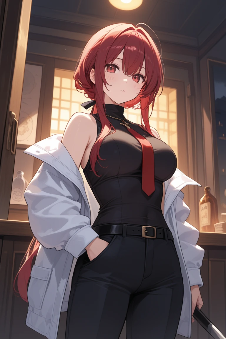 An anime girl with red hair and blue eyes wearing a skirt and an open shirt revealing a black and red bra