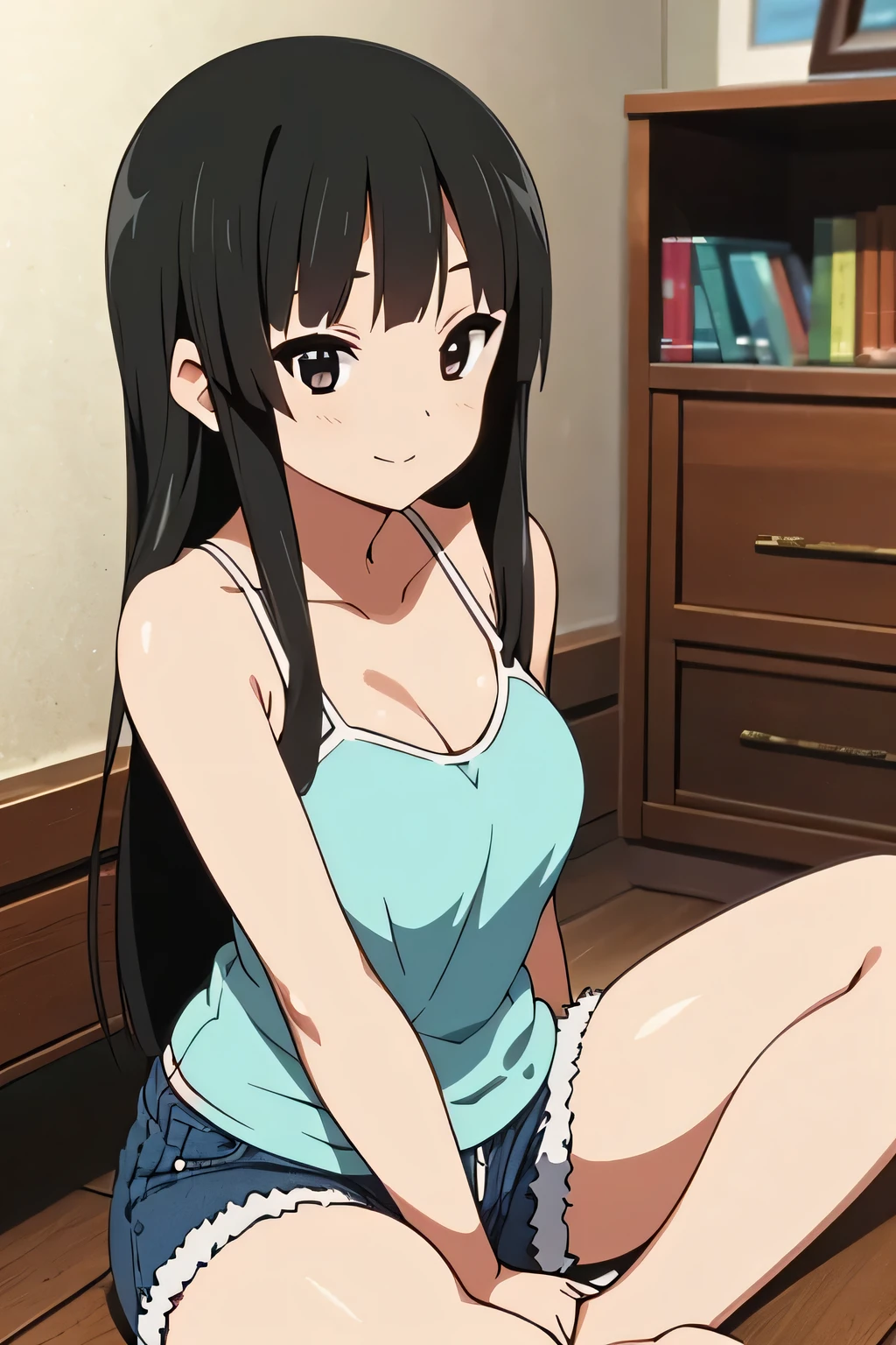 1 girl in her bedroom sitting on the bed wearing a light blue spaghetti strap tank top and blue jean shorts, smile, closed mouth, black hair, brown eyes, portrait shot, sitting indian style