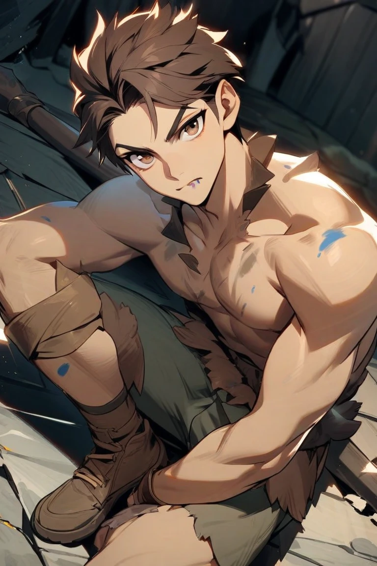 Shiny skin, Red skin, rosy skin, bright red skin, the boy blushed shyly, red face (muscular thigh muscles )(Naruto anime style, art) (photo angle from bottom up) (photo angle from the ground upwards) [Anime photo][highest quality photo][4k,HD photo quality ] wear tight and short loincloths ,the loincloth bulges due to the erect male genitals (muscular thigh muscles, firm thigh muscles, muscular thigh muscles, sinewy thigh muscles, giant thigh muscles, strong leg muscles, muscular hamstring leg muscles)(thigh muscles bulging as if about to explode, muscular, calloused, sinewy, giant) , Rudeus Greyrat, shy, pensive, tired,boy is tightening his abdominal muscles, bodybuilder,bodybuilding, standing, lots of sweat flowing down, topless, shirtless, hot sunny, 8 pack abs , short hair , green eyes