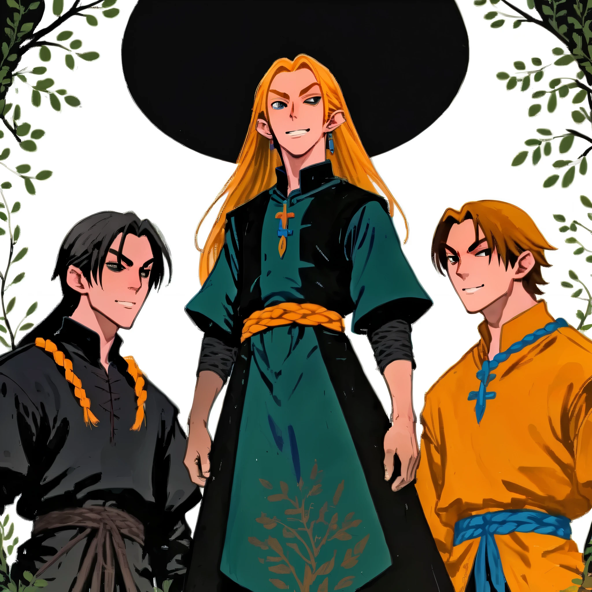 2D ART, hyper detailed gouache painting, illustration, gougoupaintleaves style, portrait of a man, 1boy, solo, long_hair, braided brown hair, high_ponytail_hairstyle, male_drow:1.5, dark elf, black eyes, black_sclera, detailed face, handsome features, dark medieval tunic, pointy ears, standing in a dark forest, pov from_below, frontal full body shot, on simple white background, full body shot, very detailed, ren's picture books, FRESHIDEAS Illustration No. 12