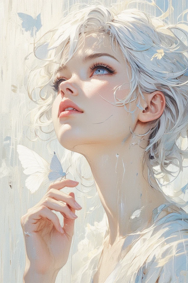 A surreal, unearthly image of a woman in profile, with a fascinatingly beautiful, almost angelic appearance, looking over her shoulder, a small white live butterfly sitting on her fingertips, her pale face seems to glow, smoothly merging with a pure white background, creating the impression that she arises from the light itself. The focus is on her very large piercing blue eyes, their crystal clarity and soft radiance, conveying a sense of unearthly wisdom and tranquility. Her long eyelashes look bold and spectacular, contrasting sharply with her porcelain skin, and attract the viewer's gaze to her irresistible gaze. She has graceful facial features with high cheekbones, a perfectly straight nose and soft, full lips that maintain a refined, neutral expression, emphasizing serenity and quiet strength. Her platinum-white hair gently flows upwards, emphasizing her divine appearance. Thin strands, light and silky, smoothly merge into a white background, creating an unreal, fabulously textured background, outlined with the thinnest lines, similar to threads, then to isobars, from different angles in tone and shade, The lighting is diffused and uniform, it erases shadows and creates a minimalistic aesthetic that fully emphasizes its striking The features seem to come from a grainy, incredibly pure and deep air, In general, the composition seems timeless, as if it reflects the essence of purity and perfection, with a soft, fabulous shade., which encourages introspection and reverence. The simplicity of the image enhances its mystery, creating a deep angelic presence that seems both familiar and otherworldly.Semi-realistic digital art, digital painting, fine detail in k64 format