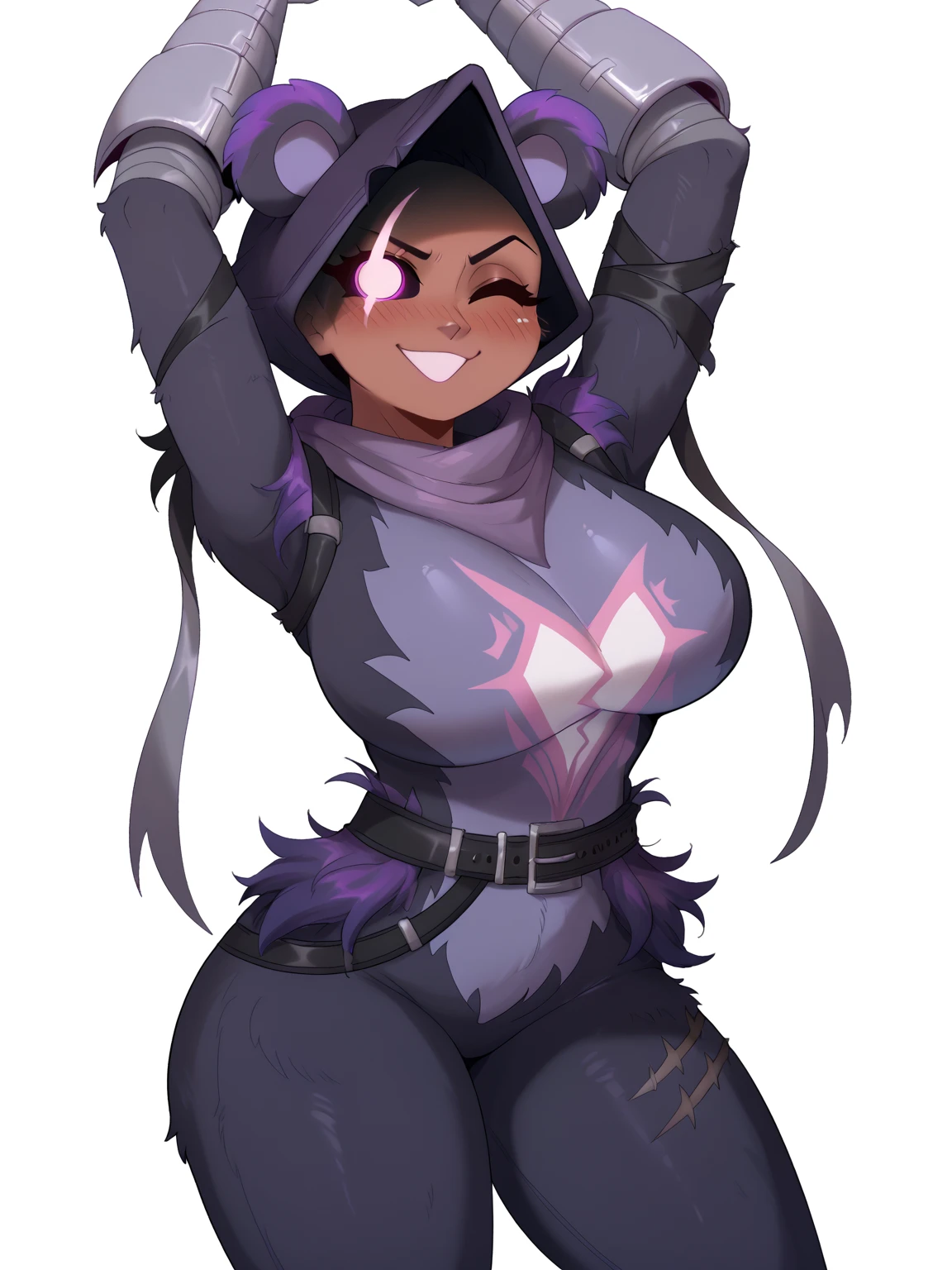 Raven team leader,purple hoodie, with no face, shadowed face, animal ears,purple skin, scar on eye, body skin, purple fur, waist belt, torso symbol, metal gloves, pointing your ass at the viewer, leaning forward, pushing, she closes her eyes, hands resting on top of a small wall, her with her eyes closed, hands are not in the air, expression of force, clear and blue day
