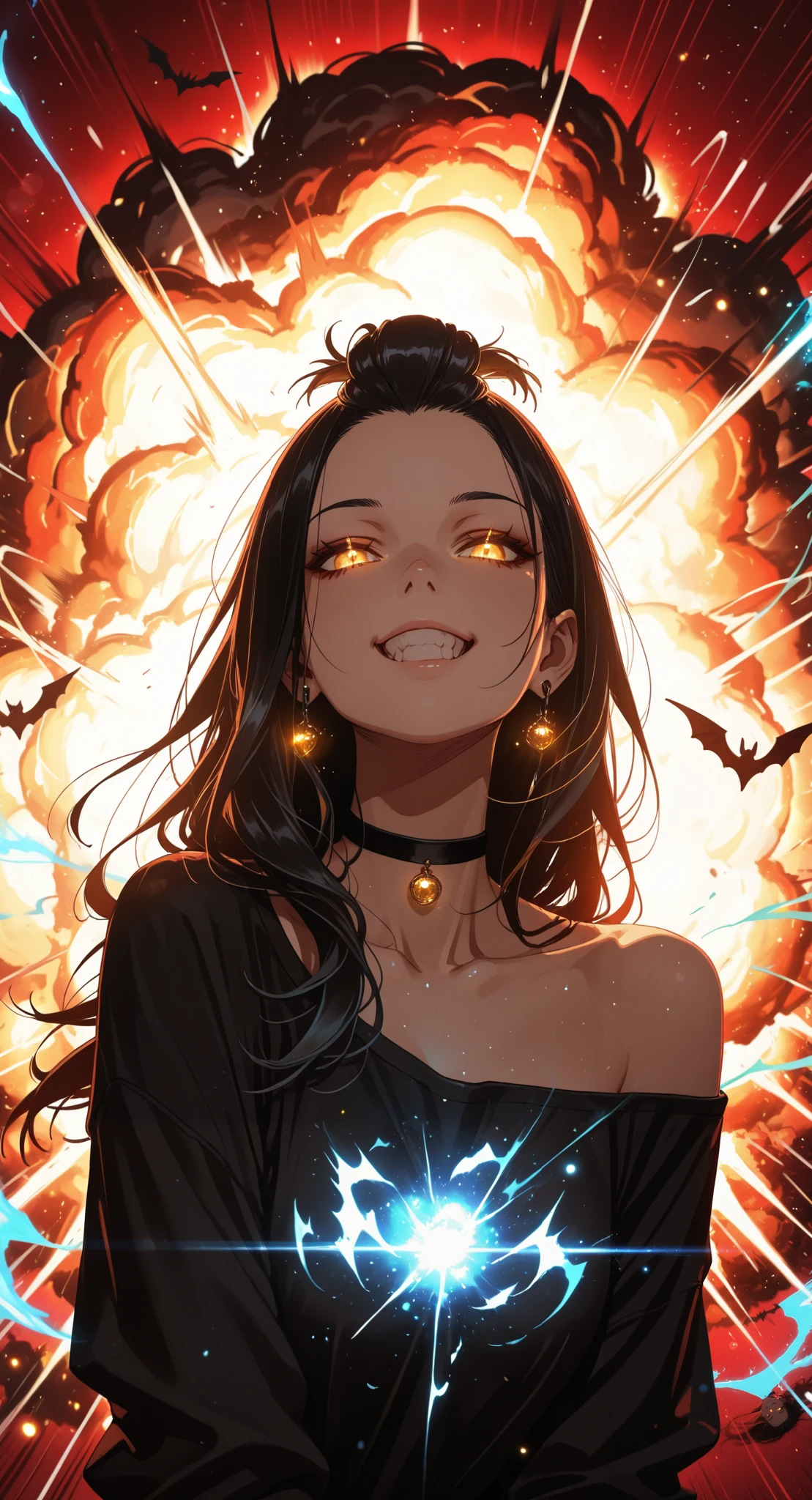 (masterpiece:1.4), (anime-style action:1.3), (energy aura:1.5), (glowing particles:1.4), (motion blur:1.3), (dynamic pose:1.3), (speed lines:1.2), (high contrast:1.3), (cinematic action lighting:1.4), (epic explosion:1.5), (lens flare:1.2), (sharp details:1.3), upside-down, black choker, shirt, off-shoulder shirt, solo, forehead, grin, 1girl, earrings, red background, choker, collarbone, looking at viewer, off shoulder, long hair, black shirt, smile, bat \(animal\), yellow eyes, bare shoulders, black hair, jewelry, jacket, upper body, bangs pinned back