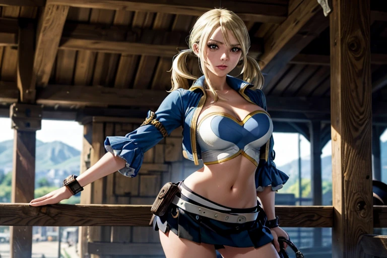 1girl, master part, best quality, Altas, Lucy Heartfilia, blonde hair, cabelos longos, seios grandes, camisa branca, Mangas, belt, saia azul, cowboy shot, Standing, Olhando para o Viewer, ao ar livre, Acenando, sorrir, boca aberta,