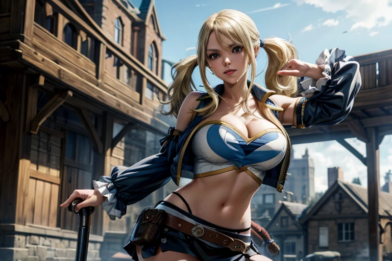 cleavage,(Best quality,4k,8K,a high resolution,masterpiece:1.2),Hisui E. Fiore - Fairy Tail, detailed,sexual),((cute expression)),blue ribbon,(blonde),(Grey eyes),(blue shirt with gold buttons),white mini skirt,whip on the belt,Wellingtons,market,(baguette in hand),(standing)full length, ((big tits:1.2)),market square,,Billowing dust and smoke,determination in her eyes,beliefs(Best quality,4k,8K,a high resolution,masterpiece:1.2),realistic,ultra detailed,sexual,Irene Belserion (Fairy Tail)dark green eyes,cruel expression,costs,severed heads of enemies on the ground,dynamic pose, bread in hands,power and authority,fatal blows and parries,strong female protagonist,Billowing dust and smoke,determination in her eyes,confident and fearless,scenic sunset lighting,Bright colors,muscular build,slim and fit figure,epic fantasy work, sexual and fearless,scenic sunset lighting,Bright colors,muscular build,slim and fit figure,epic fantasy work, sexual