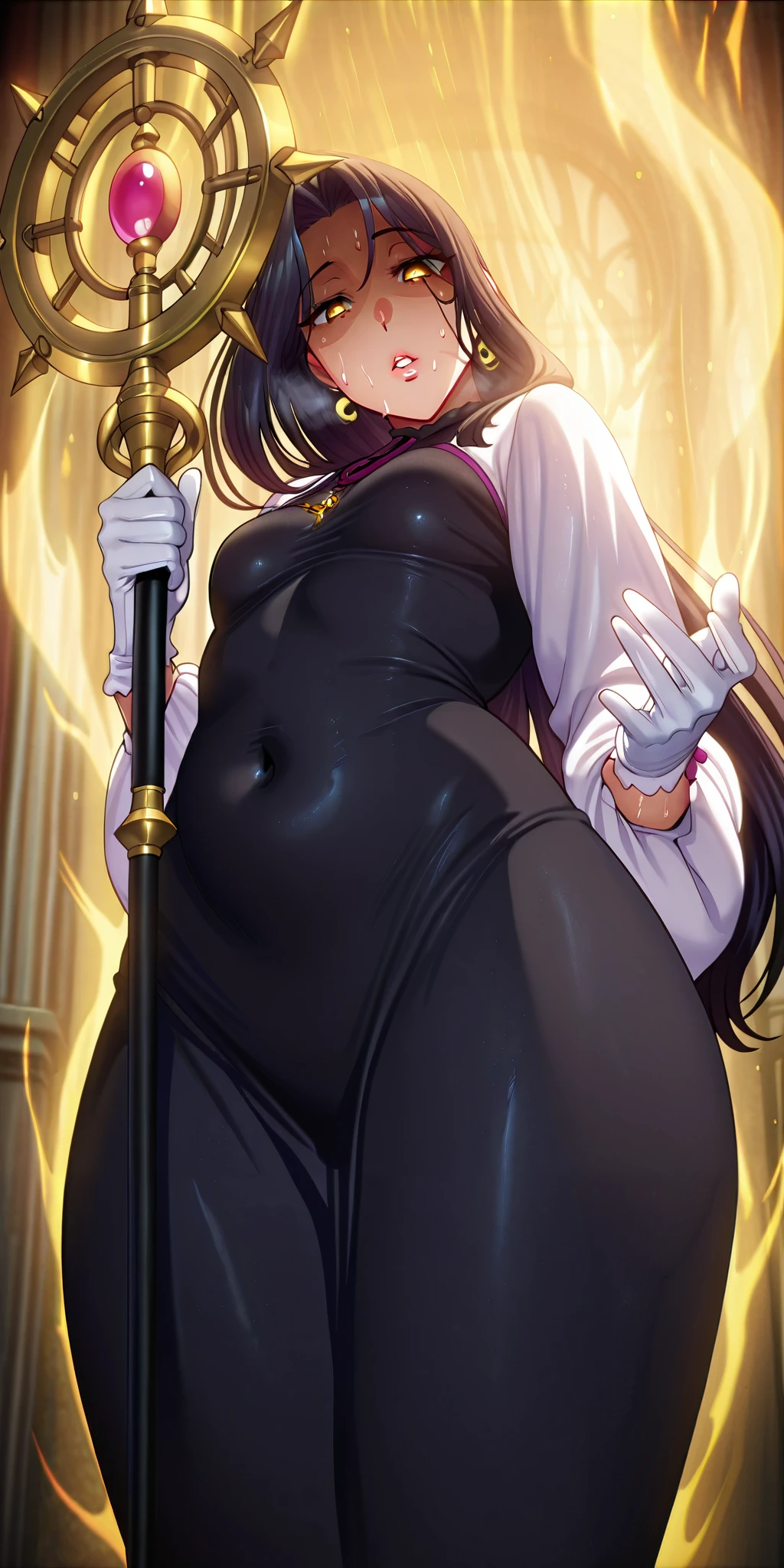 anime coloring, anime screencap, anime-style detailed background, vignetting, masterpiece, high quality, absurdres, best quality, very aesthetic, newest, dynamic composition, anatomical correct, HD, 4K, digital art, trending on ArtStation, perfect body, perfect eyes, perfect fingers, gasping, heavy breathing, excessive sweating, sweating, sweating profusely, gasping profusely, cinematic, ((skindentation)), ((curvy)), dominique de sade, long hair, black hair, curtained hair, ((small breasts)), yellow eyes, ((black pupils)), plump, 1girl, solo, gloves, breasts, earrings, jewelry, white_gloves, black_hair, staff, looking_at_viewer, parted_lips, holding, dress, from_below, holding_staff, long_sleeves, puffy_sleeves, covered_navel, black_dress, ((dusty)), ((aura)), Cinematic, looking down, shaded face