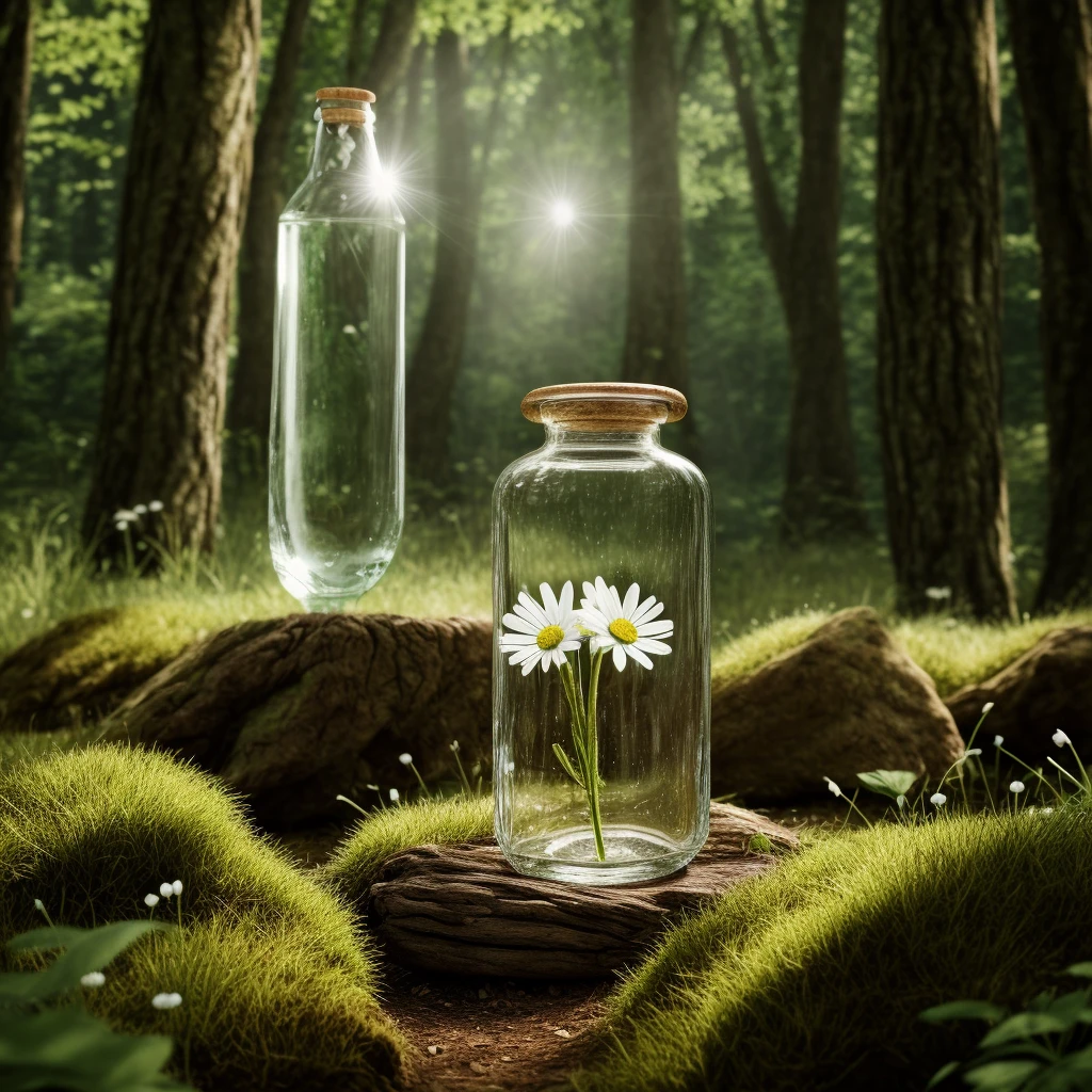 masterpiece, best quality, cinematic photo of Empty area in the meadow with a glass bottle in the background, forest landscape, nature, realistic, forest, grass, outdoor, realistic rendering style, flying butterfly, small white daisy, depth of field, photograph, film, highres