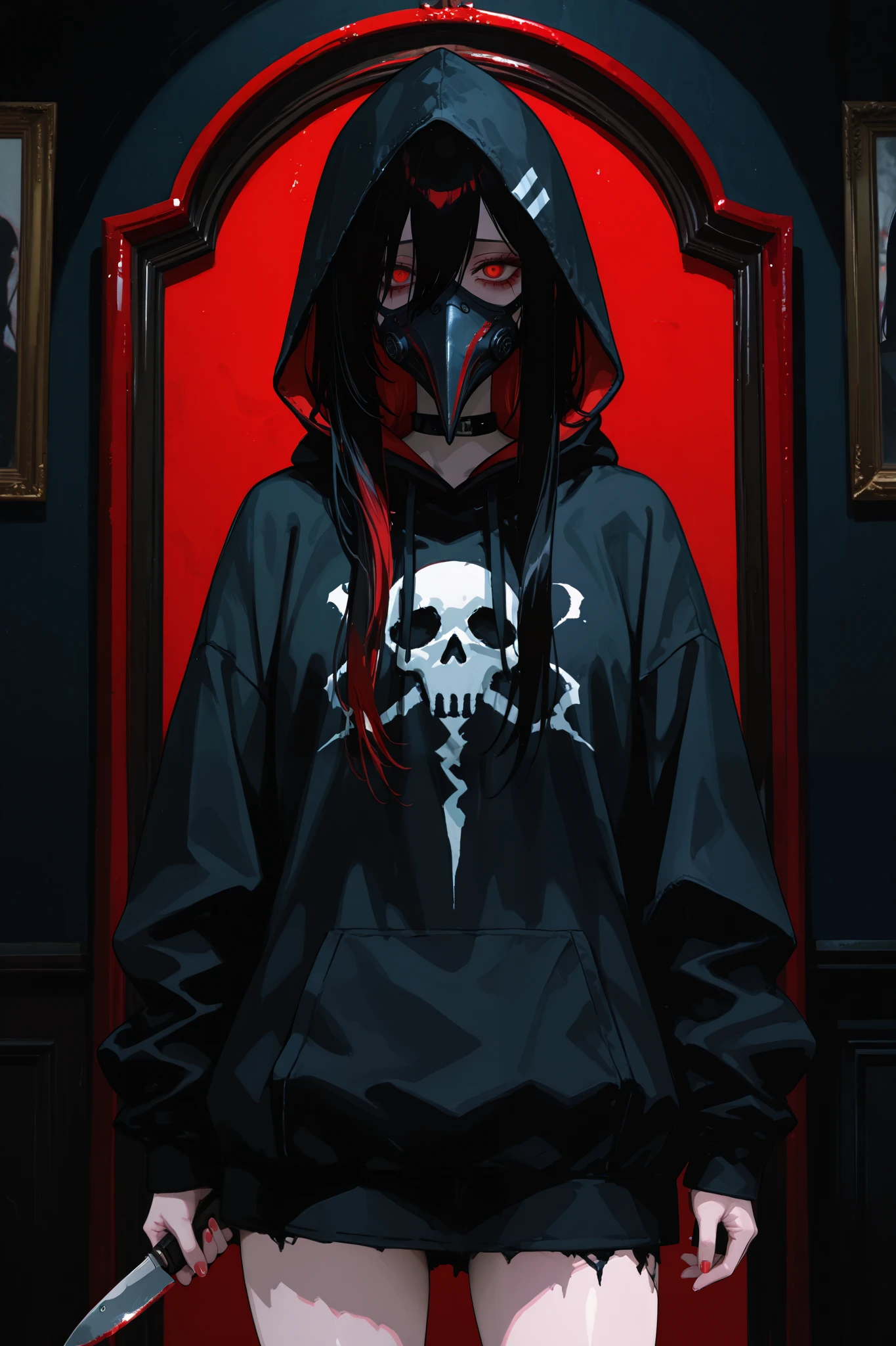 long black hair、 bright red eyes 、(underneath the eye, gloomy face )、age Girl、 plague mask、black hood、knife、anime style、Dream Core、standing up picture、high image quality、high quality DVD、(marian)