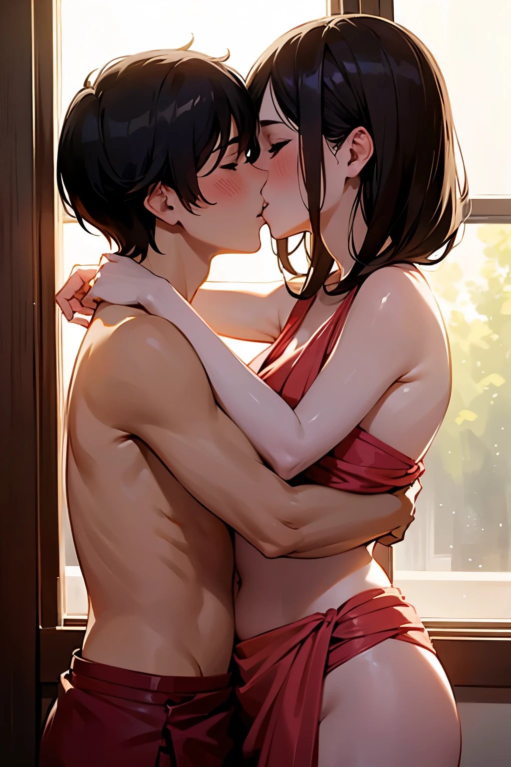 at bedroom, 1boy and 1girl, Looking at each other, kissing Seated couple, Atmosphere of love, (girl 42 years with wrinkles, wearing slingshot swimsuit, legs spread, yellow fluid from crotch, arouse, flushed, huge saggy tits), (boy 18 years old, huge bulge in underpants, zipper open, mischievous smile, grabbing), girl showing her ass