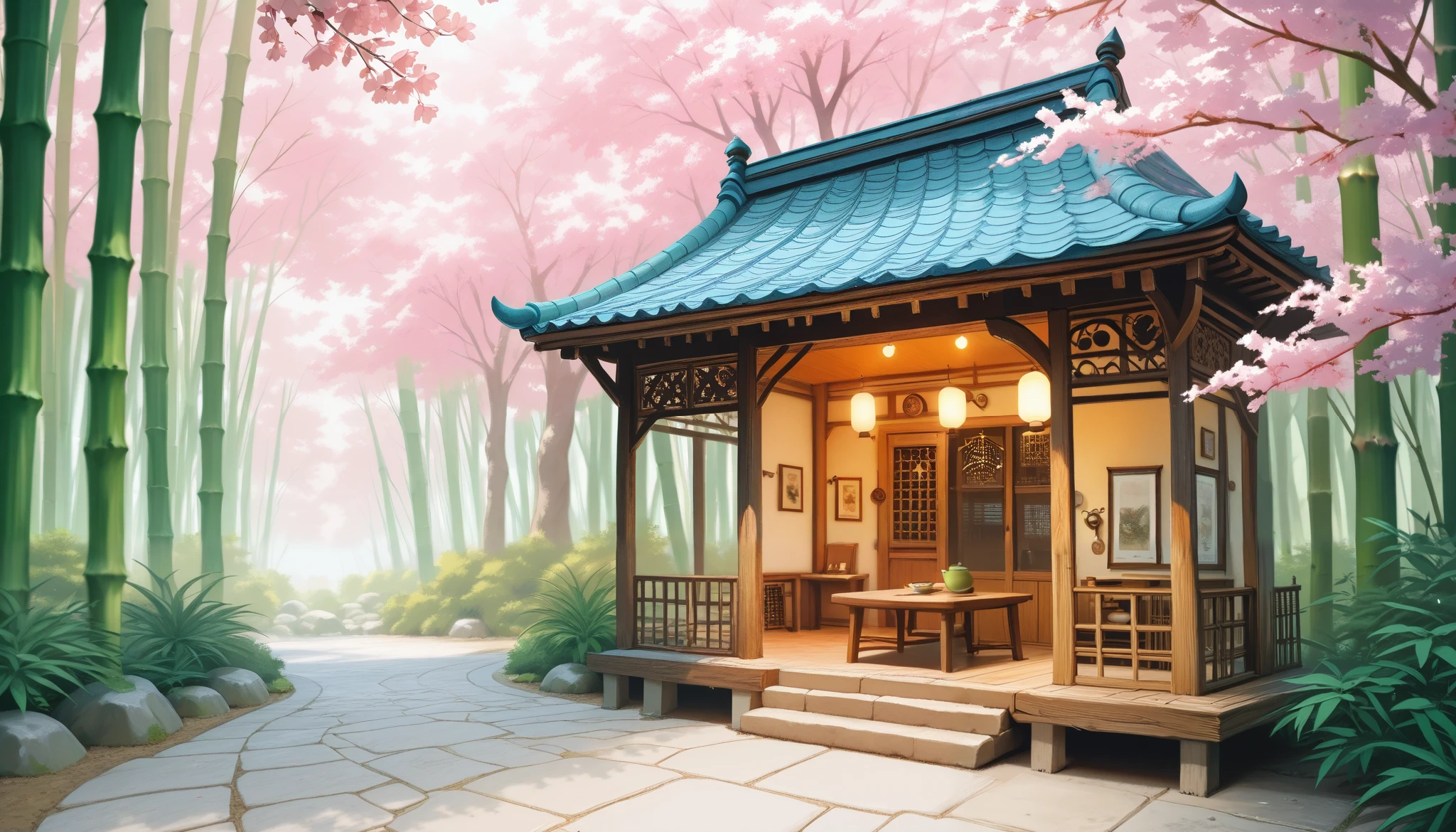 A serene Japanese-style café named "Melody Mood" surrounded by a tranquil bamboo forest. The café's architecture is inspired by traditional wooden teahouses, with a green tiled roof and paper lanterns. A small koi pond reflects the soft glow of the surroundings. A woman sits alone at a low wooden table, sipping matcha tea as a gentle breeze carries the scent of cherry blossoms. The entire setting radiates peace and mindfulness.