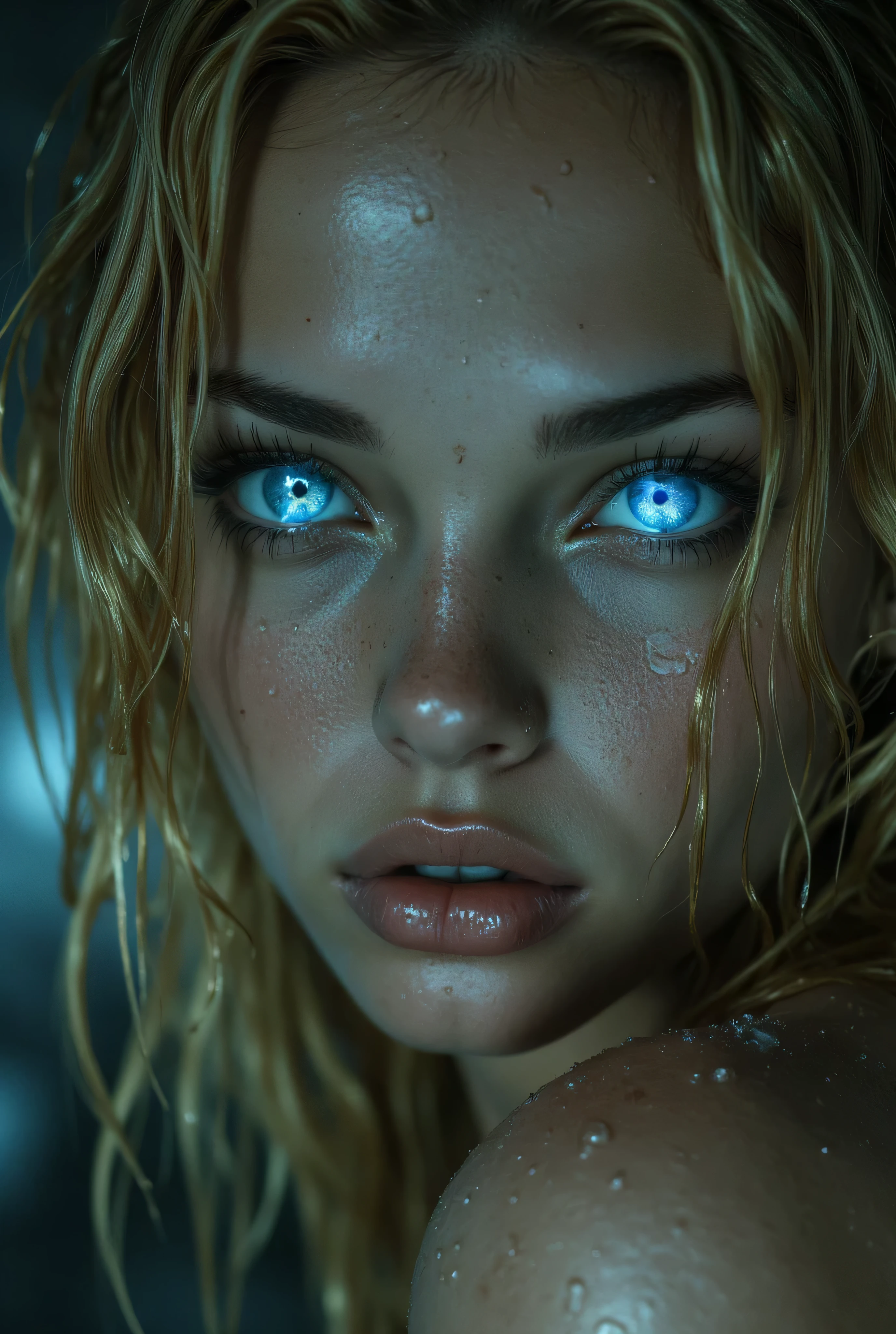"A hyper-realistic close-up portrait of a young woman with piercing blue eyes and wet skin, illuminated by soft, cold lighting. Her face is covered with water droplets, reflecting a luminous glow. The background is dark and moody, enhancing the contrast of her vibrant eyes and wet texture. Her expression is intense and captivating, with strands of blonde wet hair framing her face."