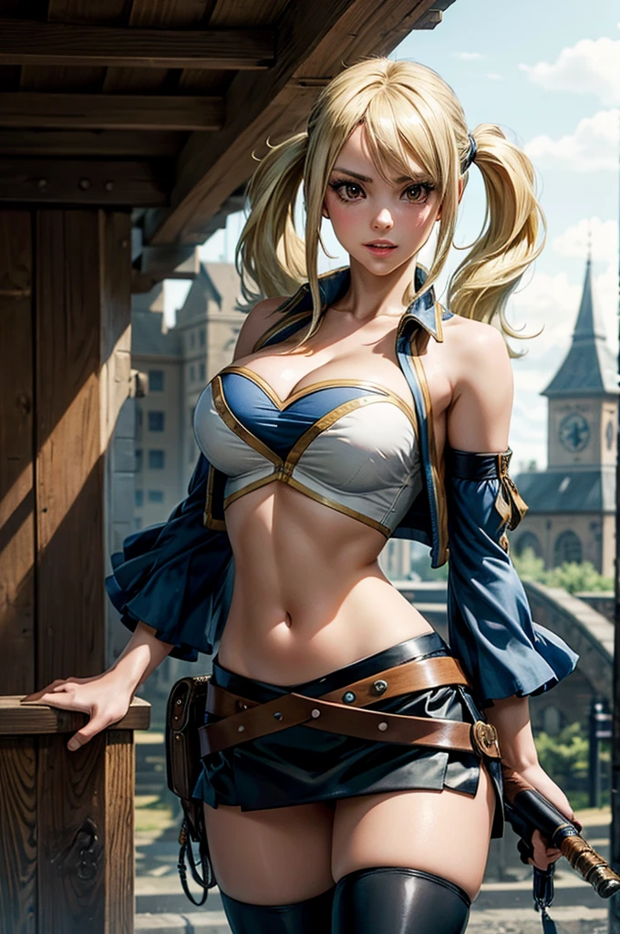 cleavage,(Best quality,4k,8K,a high resolution,masterpiece:1.2),Hisui E. Fiore - Fairy Tail, detailed,sexual),((cute expression)),blue ribbon,(blonde),(Grey eyes),(blue shirt with gold buttons),white mini skirt,whip on the belt,Wellingtons,market,(baguette in hand),(standing)full length, ((big tits:1.2)),market square,,Billowing dust and smoke,determination in her eyes,beliefs(Best quality,4k,8K,a high resolution,masterpiece:1.2),realistic,ultra detailed,sexual,Irene Belserion (Fairy Tail)dark green eyes,cruel expression,costs,severed heads of enemies on the ground,dynamic pose, bread in hands,power and authority,fatal blows and parries,strong female protagonist,Billowing dust and smoke,determination in her eyes,confident and fearless,scenic sunset lighting,Bright colors,muscular build,slim and fit figure,epic fantasy work, sexual and fearless,scenic sunset lighting,Bright colors,muscular build,slim and fit figure,epic fantasy work, sexual