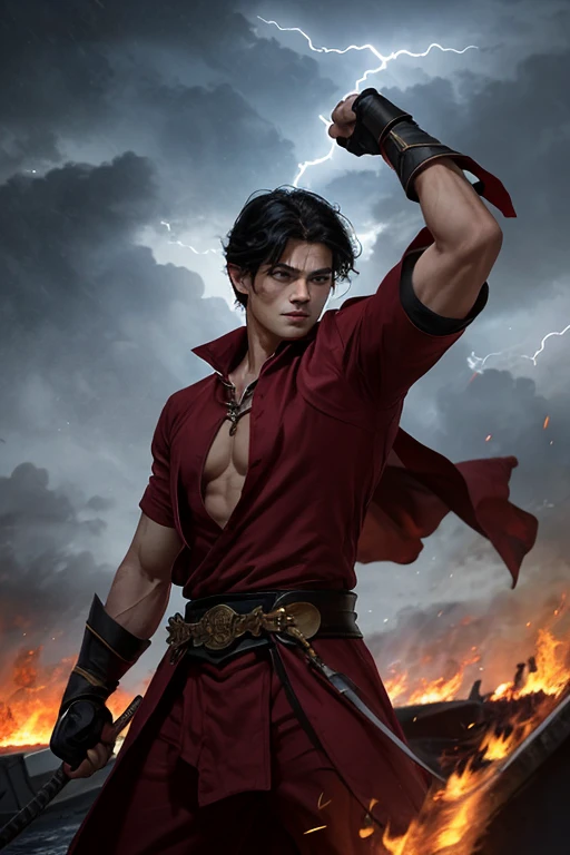 (Absurd, High resolution), 16K, (Panorama), Japanese 18 years old, 1 person, strict, Dark green eyes, Open your arms, Short right swept dandy black hair, White coat, White underwear, Very detailed, lightning, magic, magic Array, Exaggerated light, Shine, magic, floating, evening, good looking、Wearing a red cloak