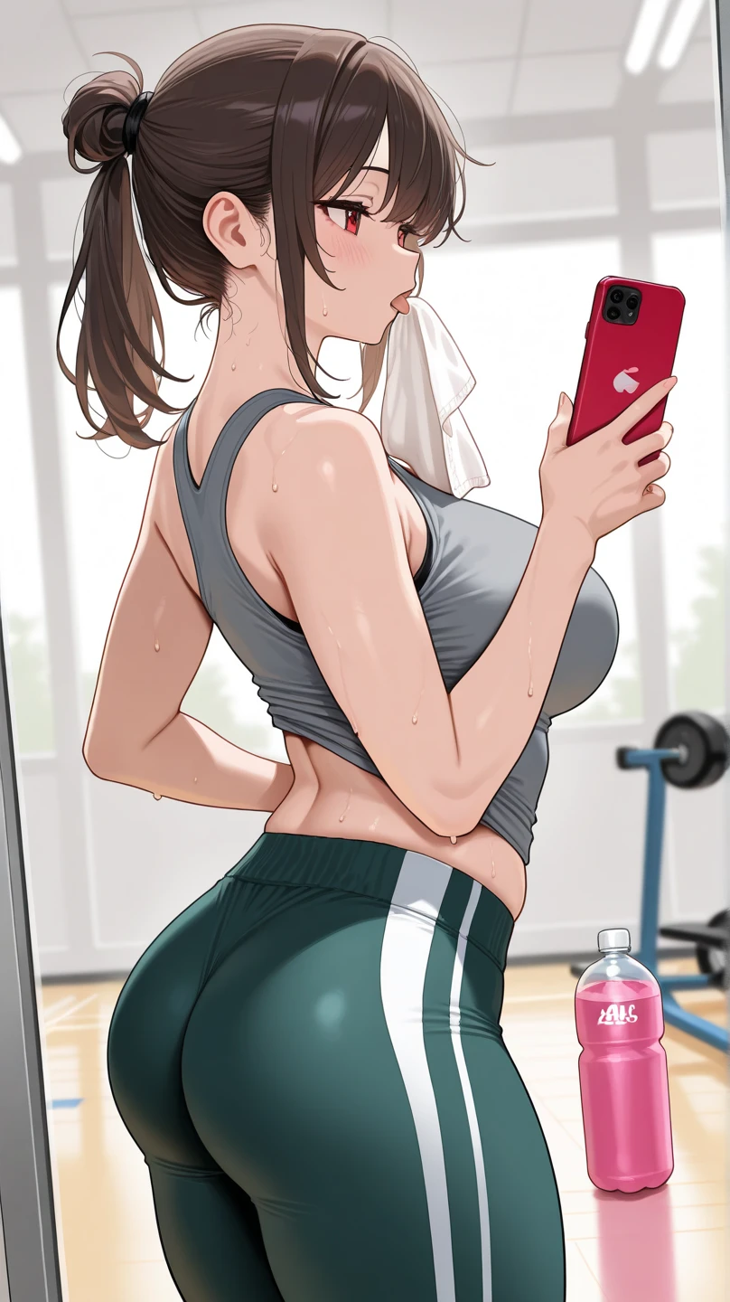 Anime girl in uniform talking on mobile phone, nagatoro, magical school student uniform, Hinata Hyuga, Smooth Anime CG Art, Rei Hiroe, shikamimi, yuyushiki, 4k highly detailed realistic, Photo of a beautiful 18-year-old Anglo-Saxon sweaty girl ((Sharp jawline)) and perky tits, Wearing wet clothes standing by the bedroom window、In a wet sports bra with a deep neckline