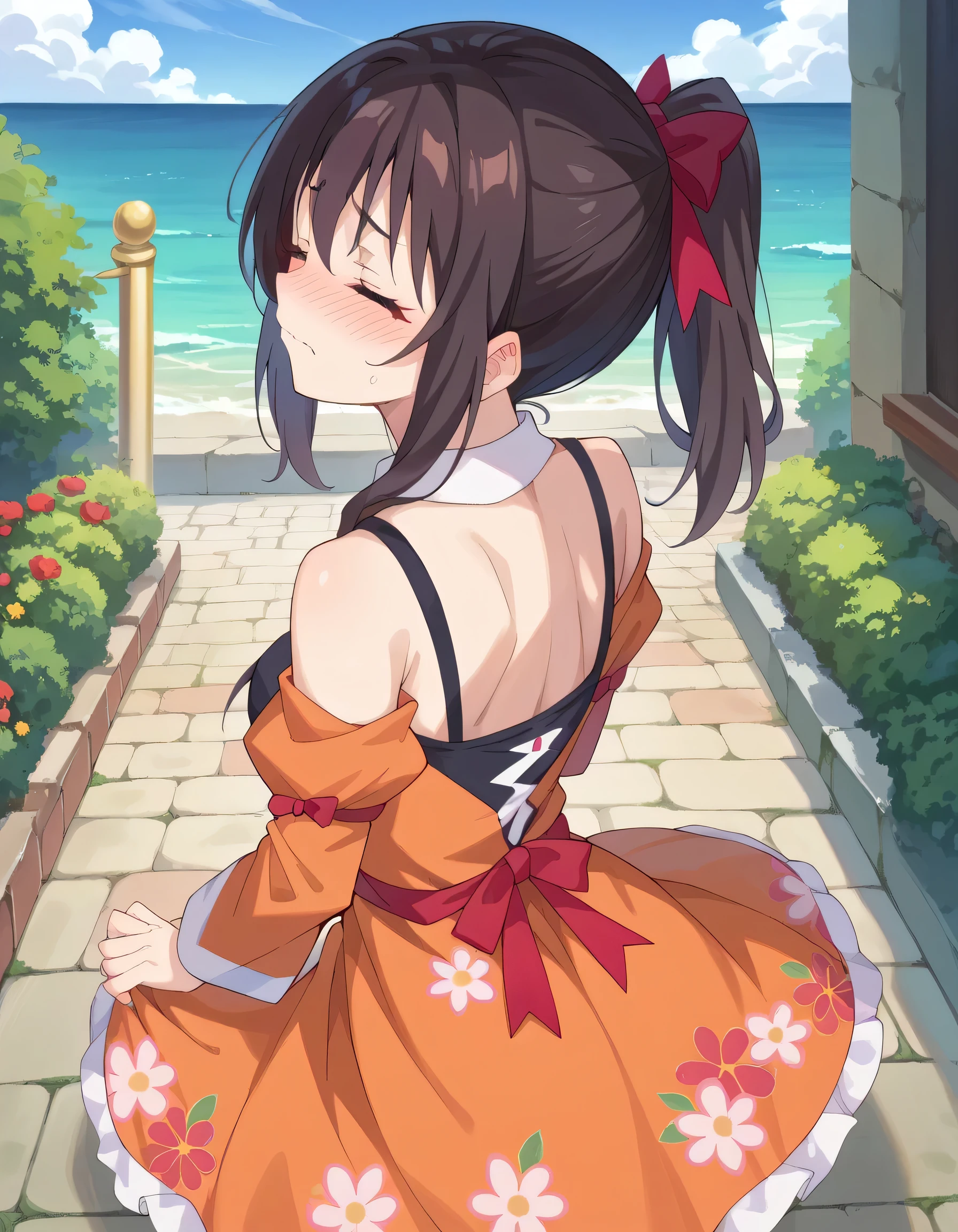 high image quality,high quality DVD、
Yunyun、 (One person)、(solo)、black hair, She has her eyes closed、(red ribbon ponytail:1.2)、(orange dress with a floral pattern)、(embarrassed expression)、cover、blue sky、(ponytail)、(The expression waiting for a kiss)、Turn to the viewer、 view from above、look up