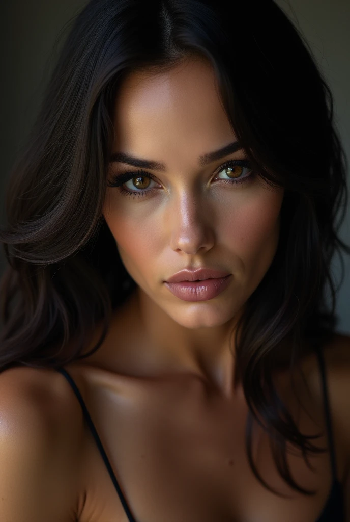 Sexy woman face (30 ans), Seductive and powerful, exquisite and smooth detail, tease, dark brown eyes, Brown hair, Angèle Blanc, Voluptuous and exciting, look seductively in front of you, 8k ultra realistic model