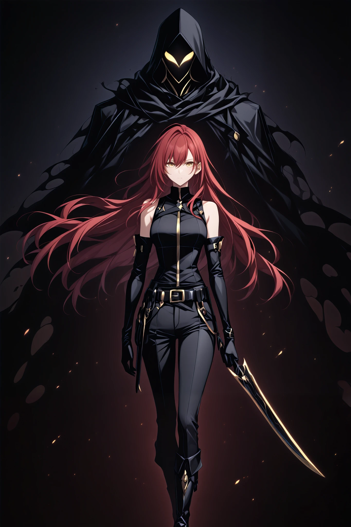 1 girl, golden eyes, red hair, long red hair, strands of hair falling forward, cool, beautiful, black pants with pockets on the sides, black boots with belt and buckles, wide black belt with buckle around her waist, black top, black elbow length gloves, Assassin clothes, two black daggers in hands, black serrated dagger, wide serrated dagger blade, mysterious atmosphere, in the background the shadow creatures, masterpiece, great quality, very aesthetic, absurd, latest, 8k, perfect face, clear eyes