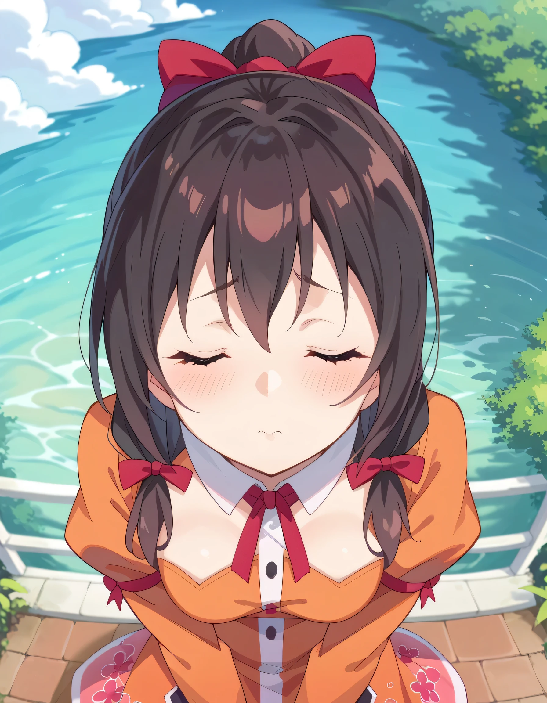 high image quality,high quality DVD、
Yunyun、 (One person)、(solo)、black hair, She has her eyes closed、(red ribbon ponytail:1.2)、(orange dress with a floral pattern)、(cover:1.4)、blue sky、(ponytail)、(incoming kiss)、( view from above)、(look up:1.2)、(front view)、(shy:1.2)