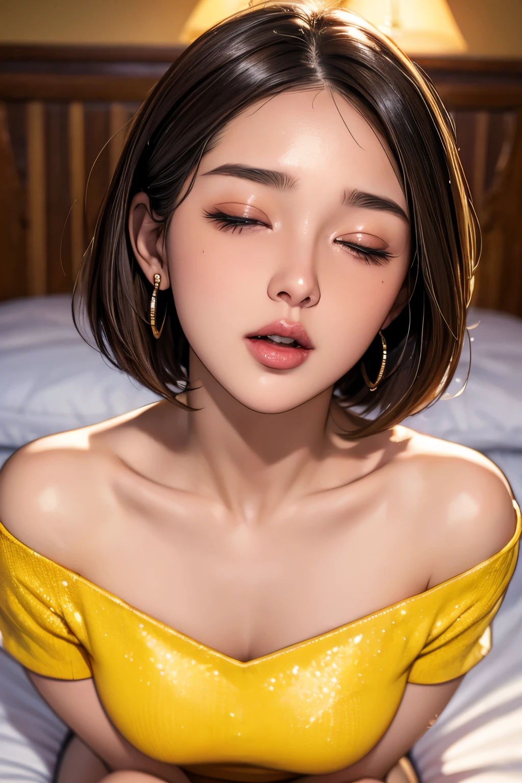Upper Body, Young Woman, 20 Years Old, Beautiful Face, Highly Detailed Face, Highly Detailed Skin Texture, Fine Eyes, Brown Eyes, Double Eyelid, Thin Eyebrows, Glitter Eyeliner, Natural Cheeks, Shiny Skin, Orange Oversized Off-Shoulder T-Shirt, Yellow Shorts, Earrings, Glossy Lips, Parted Lips, Enchanting Smile, Short Hair, Bob, Focus On Chest, Focus On Face, Upper Body Shot, Off-Shoulder T-Shirt, Small Breasts, Lying On Bed, High Resolution, Accurate, Anatomically Correct, Best Quality, High Details, High Quality, Super Detailed, Textured Skin, Black Hair, Breasts, Hoop Earrings, Blush, Parted Lips, Makeup, Nose Blush, Heavy Breathing, Light Blush, Full-face Blush, Red Lips, Flustered, Half-Closed Eyes, Naughty, Naughty Face, Close-Up, Depth Of Field, Short Hair, Bob Cut