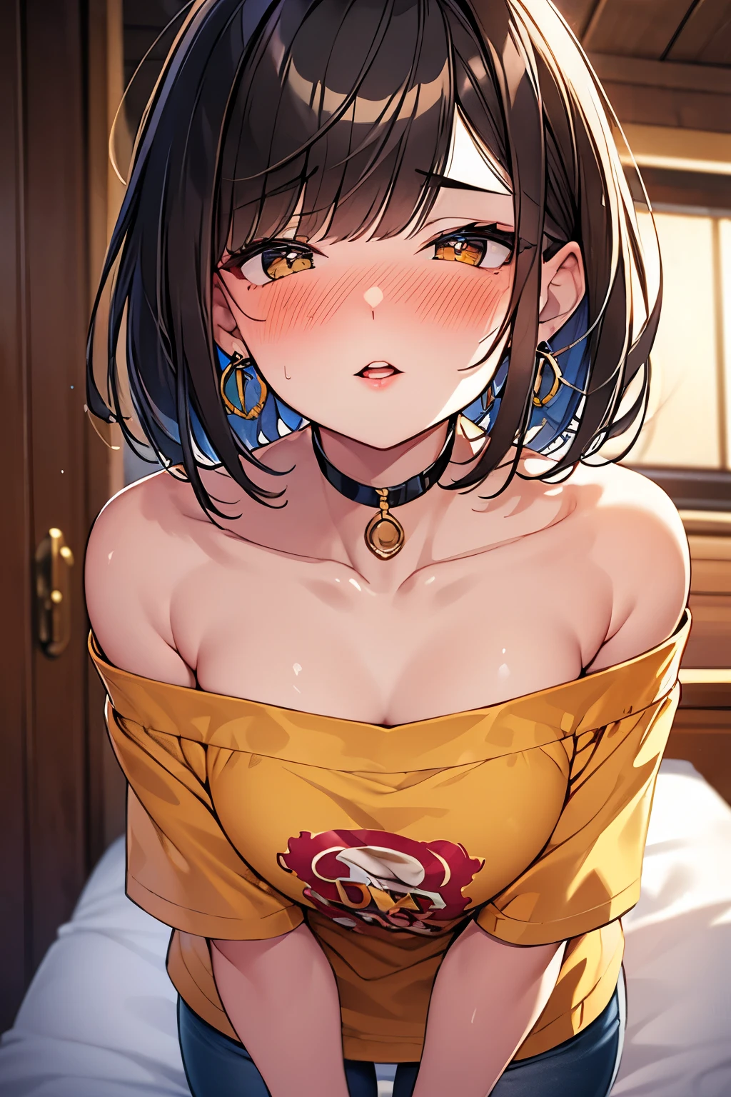 Sexy woman, black hair tied in a bun, smokey eyes, eyeliner, blushing intensely, fairest skin, plump face, soft lips, gold blouse, white saree with gold borders, pinned against a wall